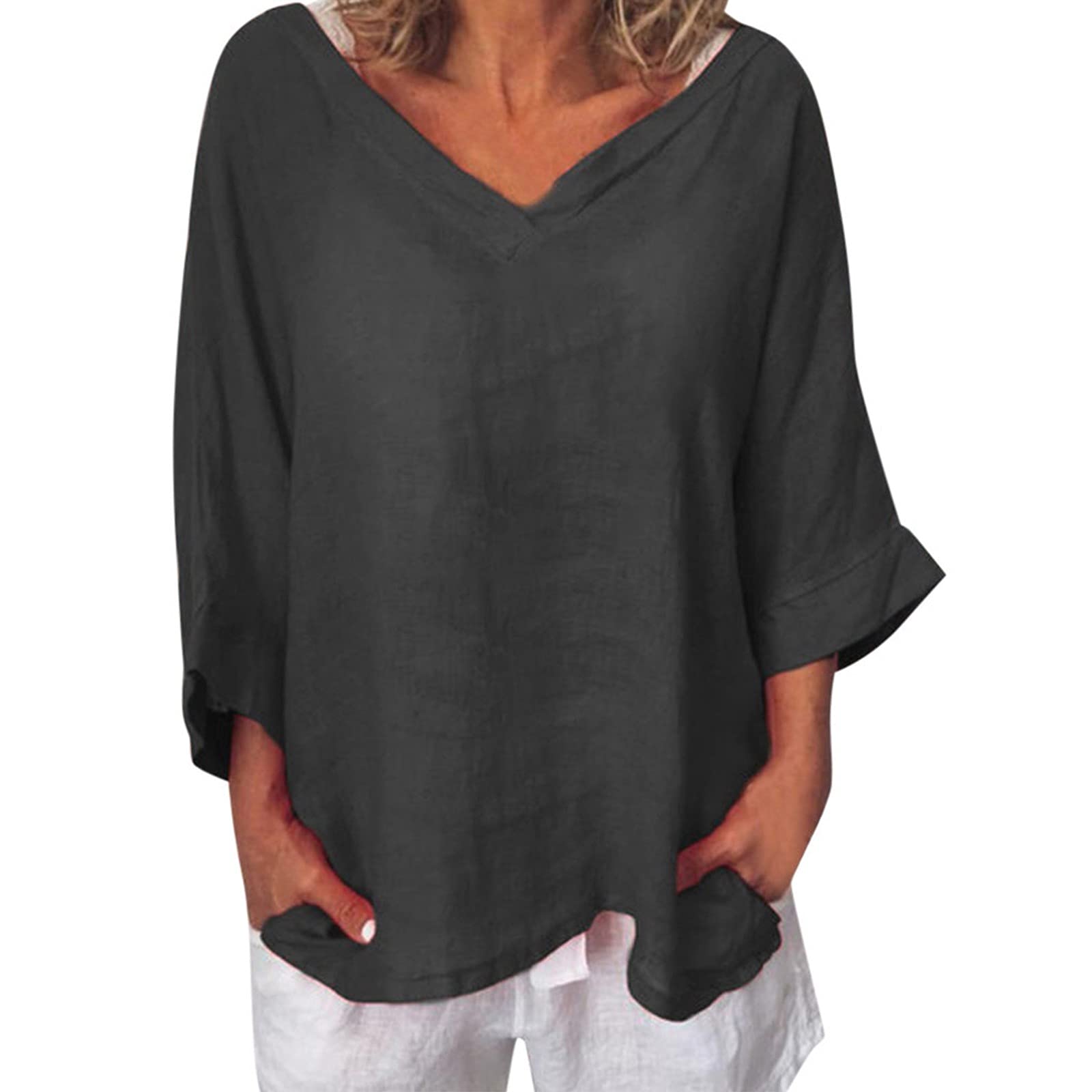 Women's 3/4 Sleeve V-Neck Cotton Linen Blouse - Soft Casual Loose Fit Solid Color T-Shirt | Y2K Fashion Cute Top for Daily Wear, Office, Dating & Going Out