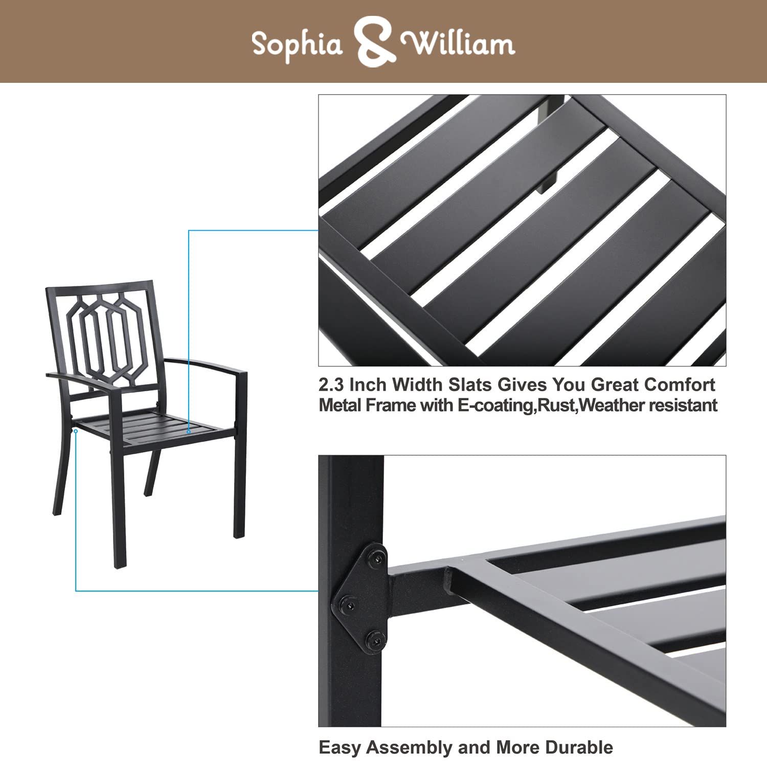 Sophia & William 3-Piece Patio Bistro Set - 2 Stackable Metal Chairs & Round Side Table - Outdoor Furniture for Backyard, Balcony, Garden & Indoor Use - Perfect for Relaxing, Dining & Entertaining