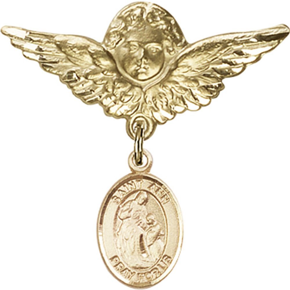 14K Gold Filled Baby Badge Pin with St. Ann Charm & Angel Wing Charm - 1 1/8 X 1 1/8 Inch Religious Jewelry - Perfect for Christening Gifts, Baby Showers & Baptism Keepsakes