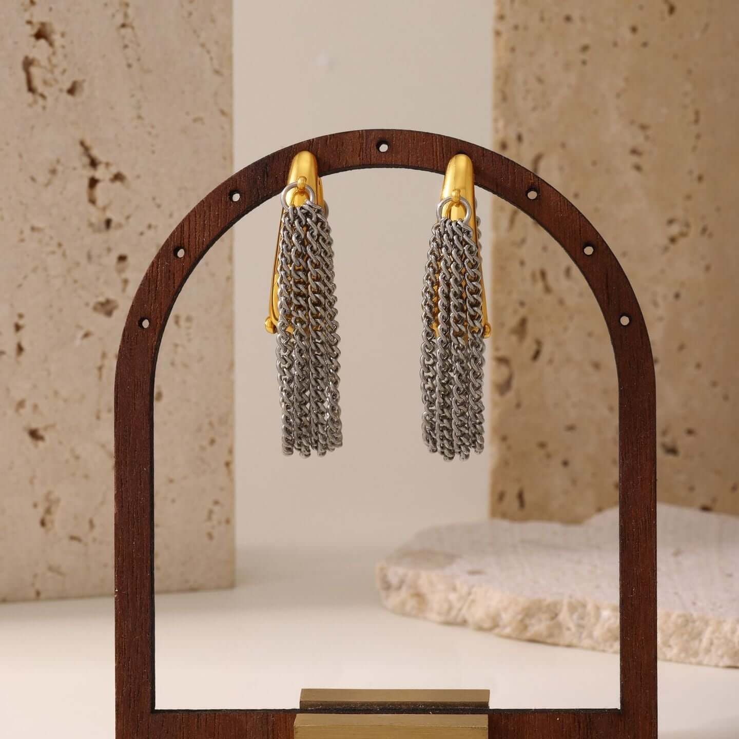 Elegant Gold and Silver Duo Tone Tassel Chain Drop Earrings for Women | Fashion Jewelry Gift for Party, Wedding, and Everyday Wear | F474