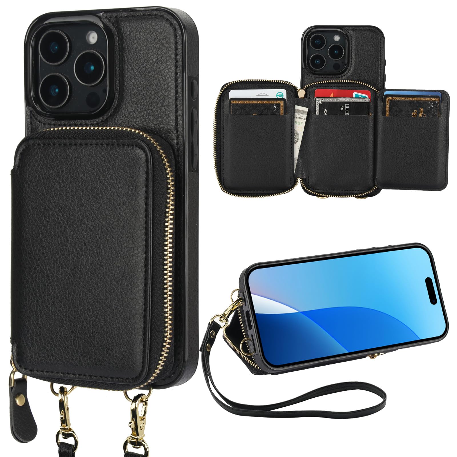 RFID Blocking Wallet Case for iPhone 16 Pro Max - PU Leather Crossbody Zipper Purse with Card Holder, Kickstand & Detachable Wrist Strap | Secure 5G Phone Cover for Women & Men | Perfect for Travel, Shopping & Daily Use (Black, 6.9 Inch)