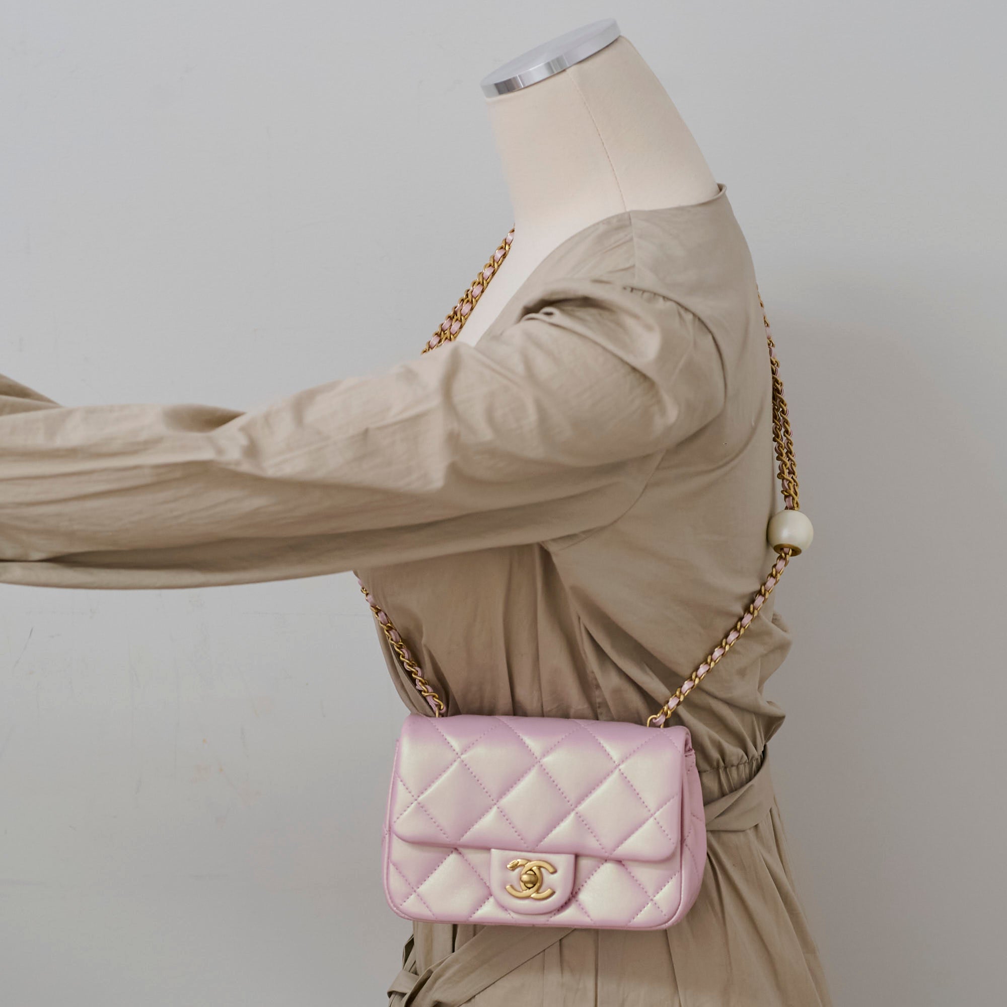 Chanel 2024 Seasonal Square Flap Bag with Pearl Accents in Iridescent Pink - Perfect for Evening Events, Luxury Gift Giving & Fashionable Outfits
