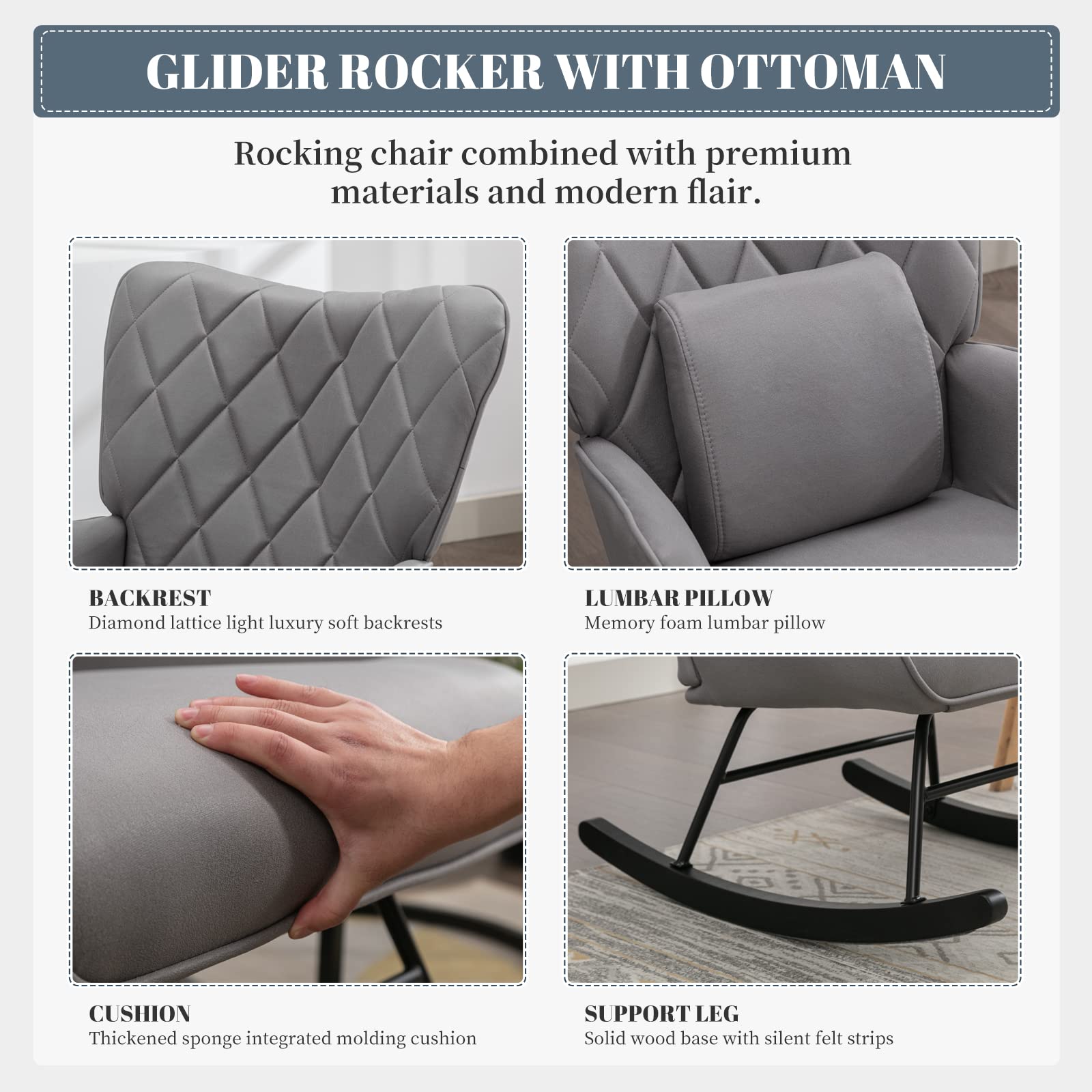 Modern Rocking Chair with Lumbar Support & Ottoman - Nursery Glider Chair for Baby Room, Living Room or Bedroom - Soft Gray Fabric - Perfect for Nursing, Relaxing & Reading