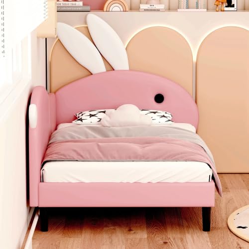 Bellemave Twin Size Kids Bed Frame with Rabbit Ear Headboard - Upholstered Daybed for Girls in Pink | Perfect for Nursery, Bedroom & Playroom Decor