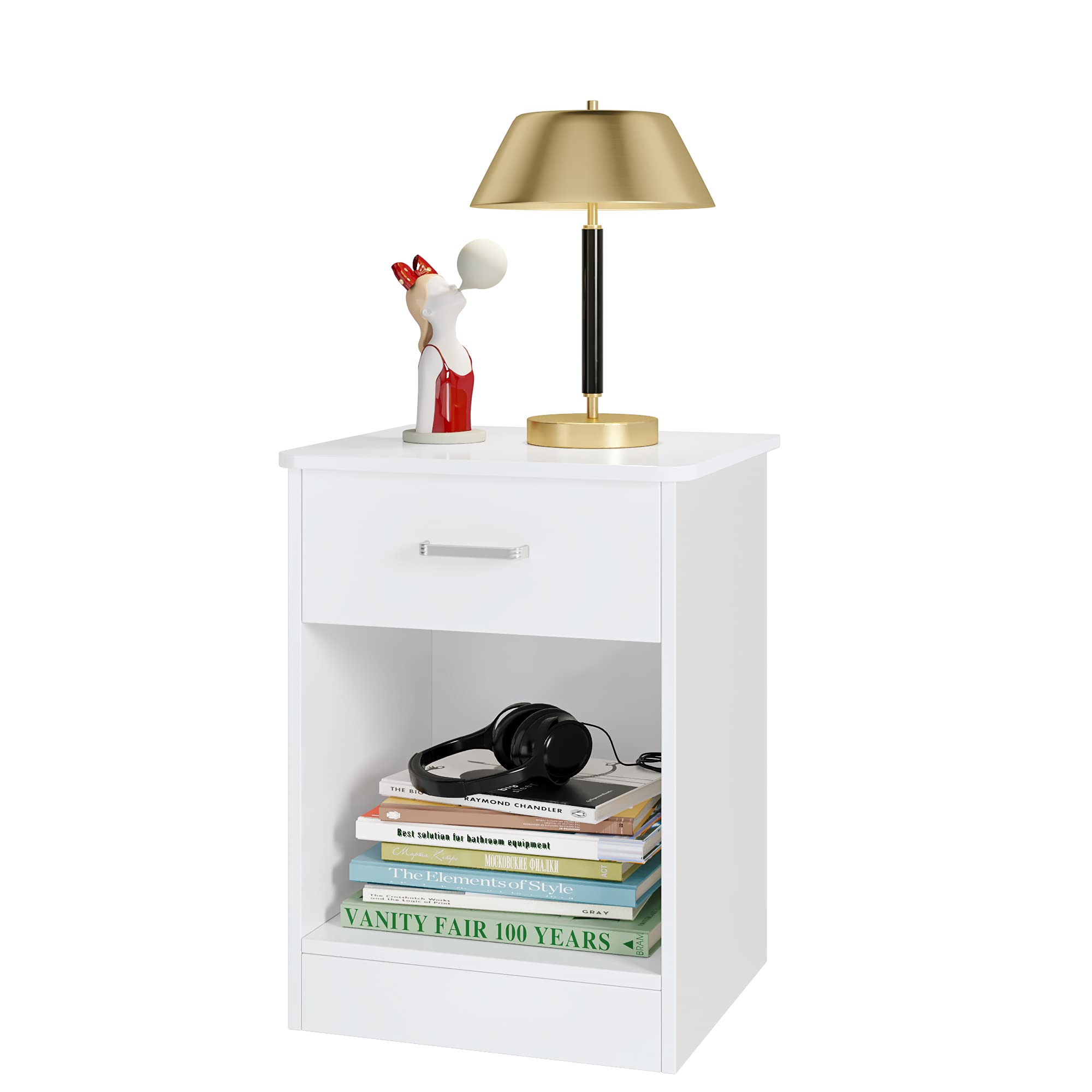 2-Tier HHS Nightstand with Drawer - White Bedside End Table & Sofa Side Table with Storage Cabinet - Easy Assembly Living Room & Bedroom Furniture for Small Spaces