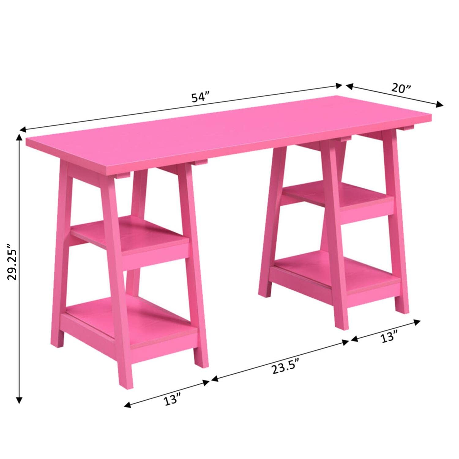 Convenience Concepts Designs2Go Double Trestle Desk with Shelves - Pink Writing Desk with Storage for Home Office, Study Room & Small Spaces - Perfect for Remote Work, Online Classes & Crafting
