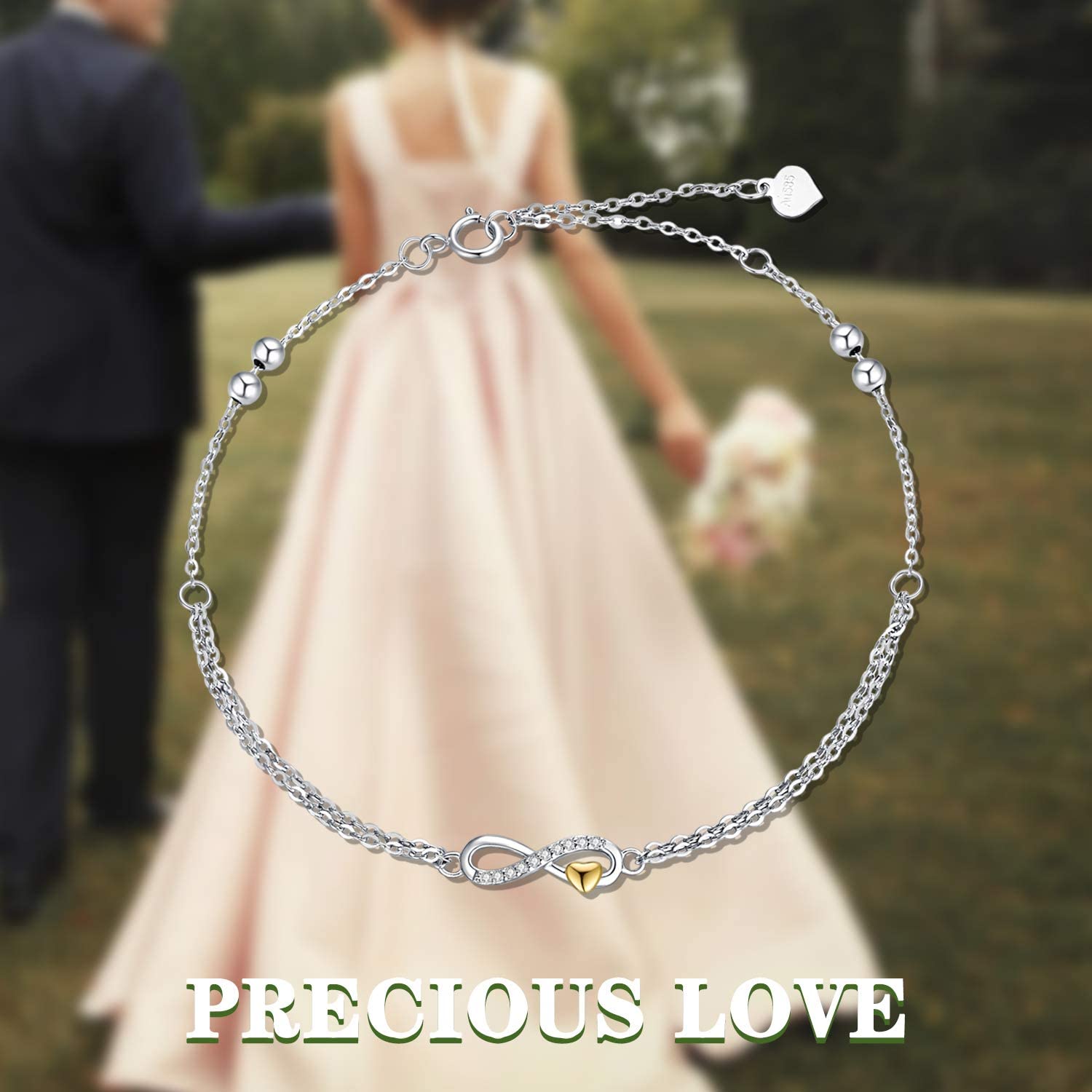 14K Real Gold Heart Infinity Bracelet for Women - Yellow & White Gold Diamond Infinity Beads Bracelet, Valentine's Day Birthday Jewelry Gift for Wife, Mom, Girlfriend (6.5
