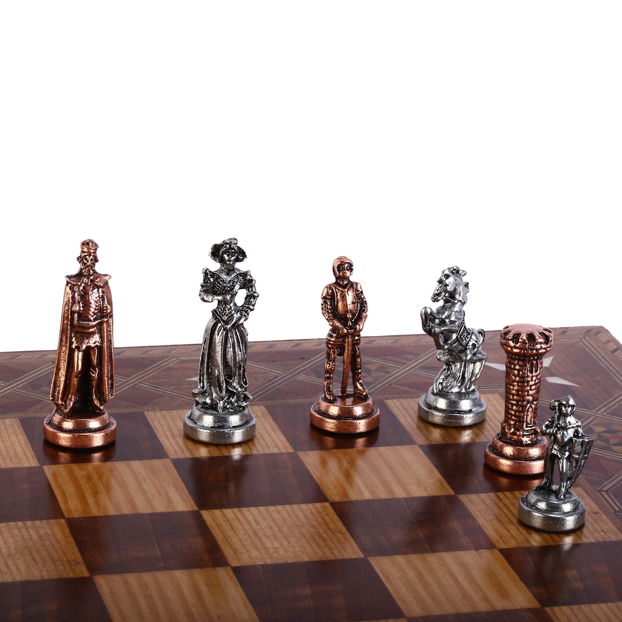 Handmade Medieval British Army Antique Copper Chess Set for Adults with Natural Solid Wooden Board & Pearl Inlay - 2.75