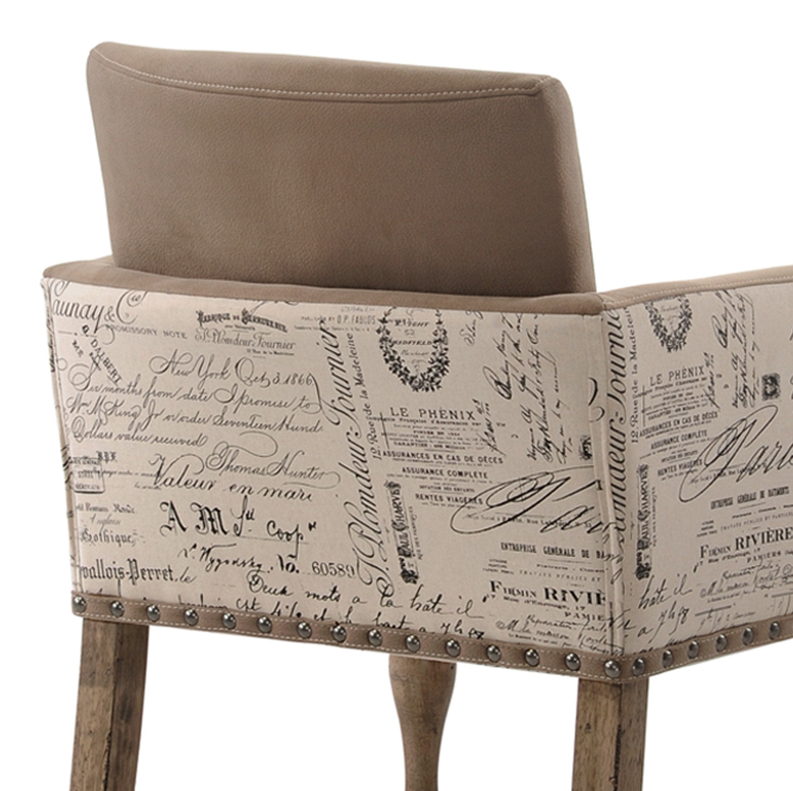 Roundhill Furniture Birmingham Script Printed Driftwood Finish Dining Arm Chairs with Nailhead Trim, Set of 2 - Farmhouse Style Kitchen & Dining Room Seating for Home Decor