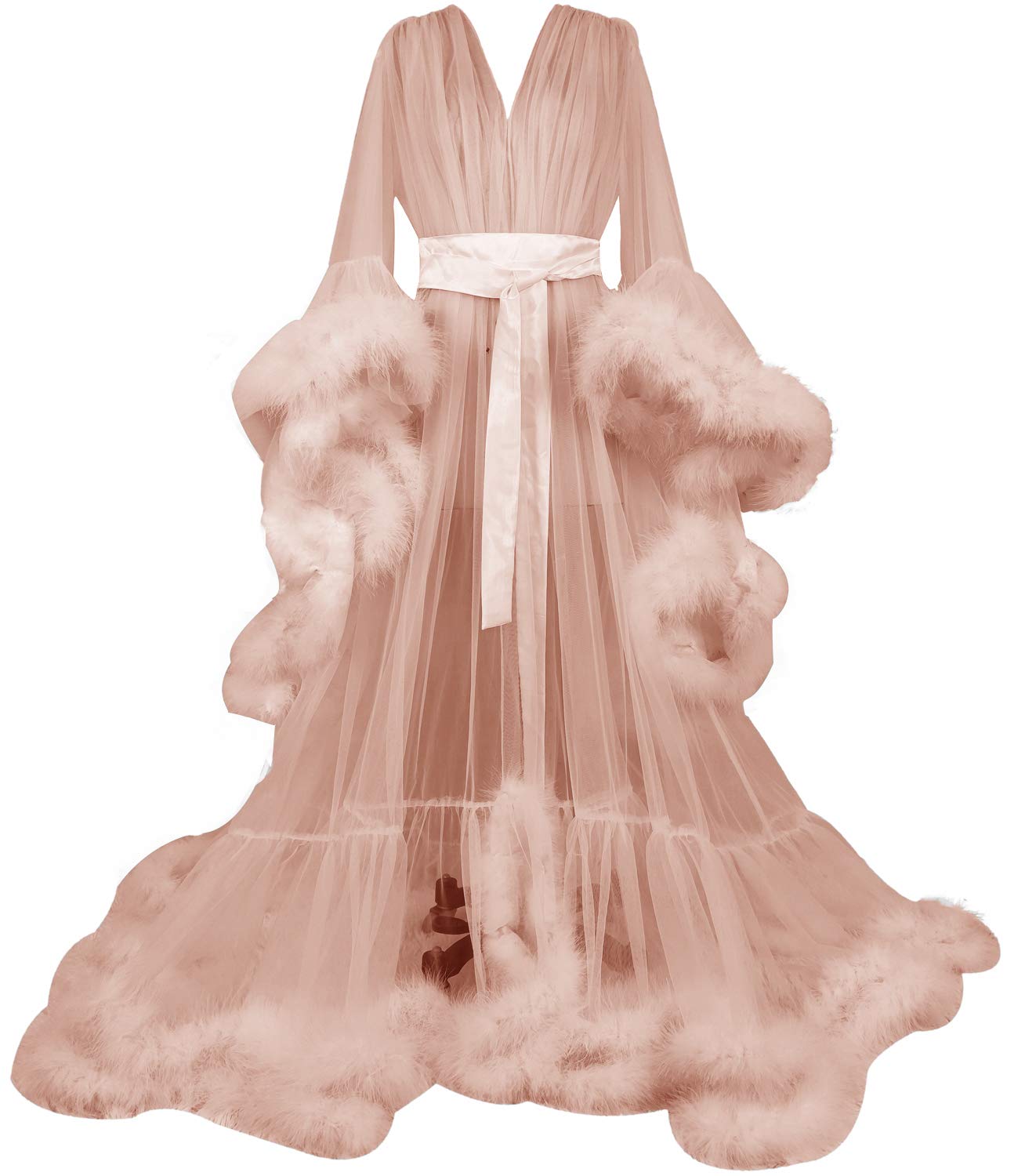FAIOKAVER Sexy Feather Lingerie Robe - Sheer Tulle Nightgown & Bathrobe for Women, Elegant Sleepwear & Loungewear for Bedroom, Boudoir, Bridal Shower, and Special Occasions