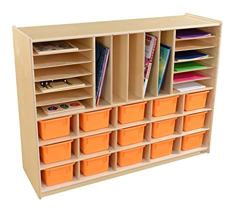 Wooden 15-Cubby Storage Cabinet with Orange Bins - Kids Toy Organizer with Wheels, Rolling Toy Shelf for Daycare & Kindergarten - Perfect for Playroom, Classroom, and Home Organization