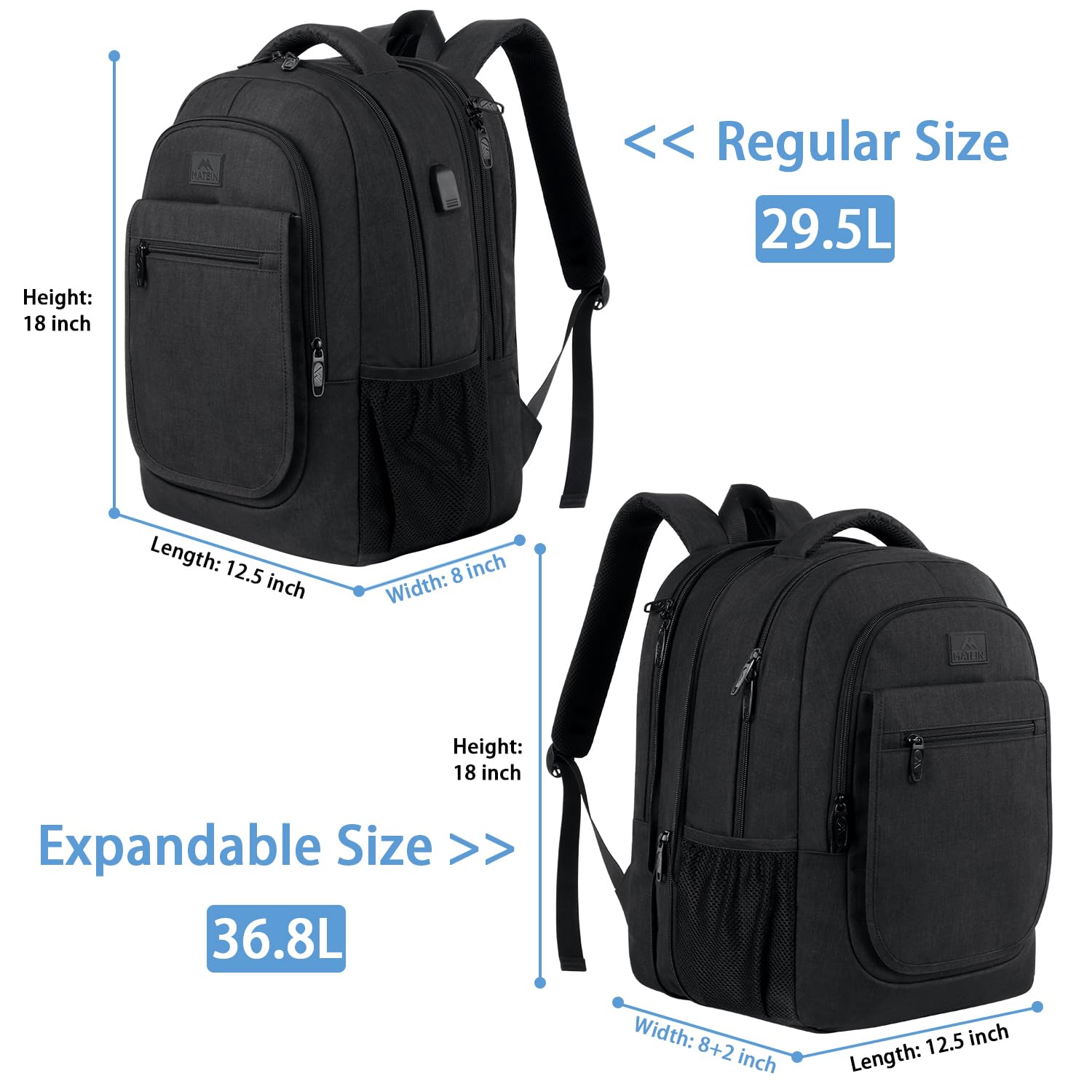 MATEIN Expandable Anti-Theft Travel Laptop Backpack for Men & Women - USB Charging Port, Water Resistant Business Backpack Fits 15.6 Inch Computer - Perfect for College, School, Work & Commuting - Black