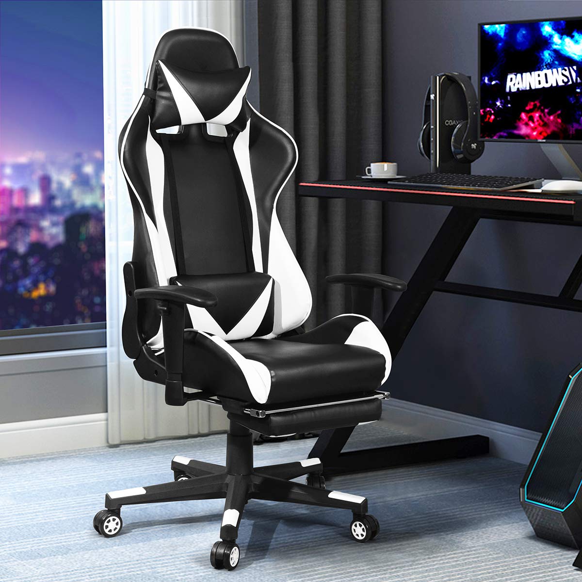 Ergonomic Gaming Chair with 360° Swivel & Adjustable Lumbar Support - White & Black Racing Style - Perfect for PC Gaming, Office Work & Home Entertainment
