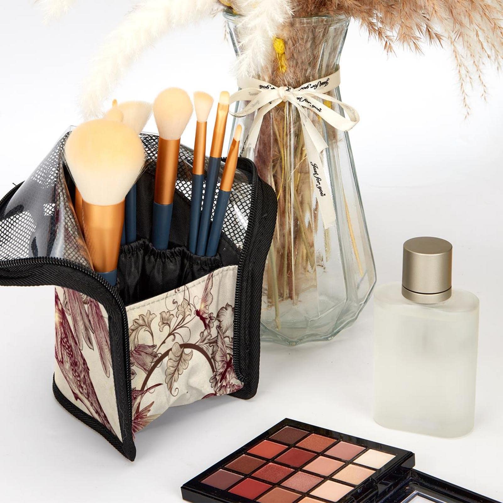 12-Piece Makeup Brush Organizer Bag with Retro Floral Hummingbird Design - Portable Cosmetic Brush Holder Case for Travel & Home Storage