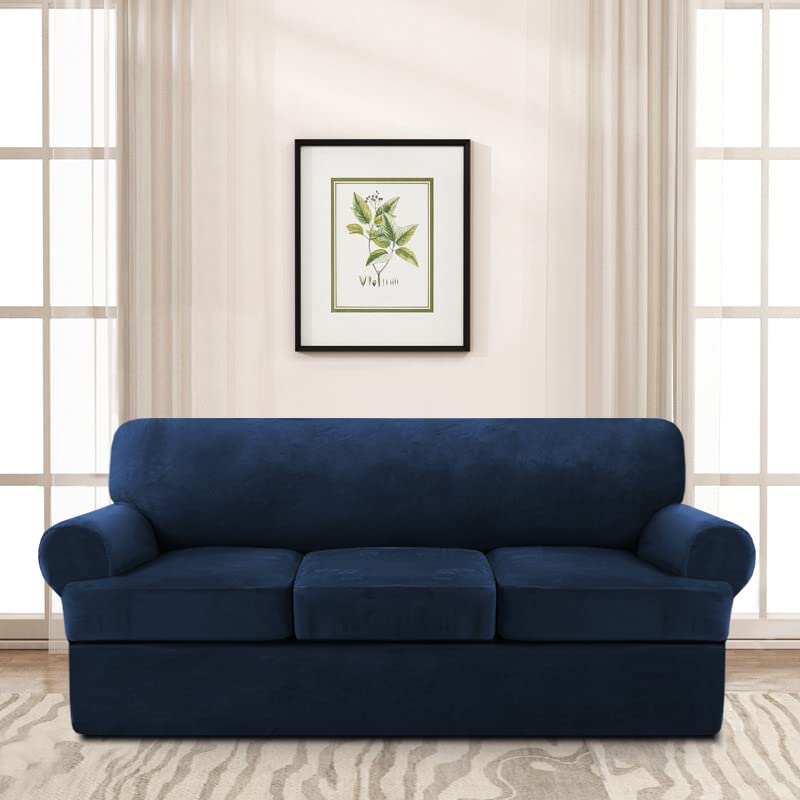 Velvet T-Cushion Sofa Slipcover 4-Piece Set - Soft Stretchable Couch Cover for Sectional Sofas - Furniture Protector with 3 Individual T-Cushion Seat Covers (Navy Blue) - Perfect for Living Room, Family Room & Home Decor