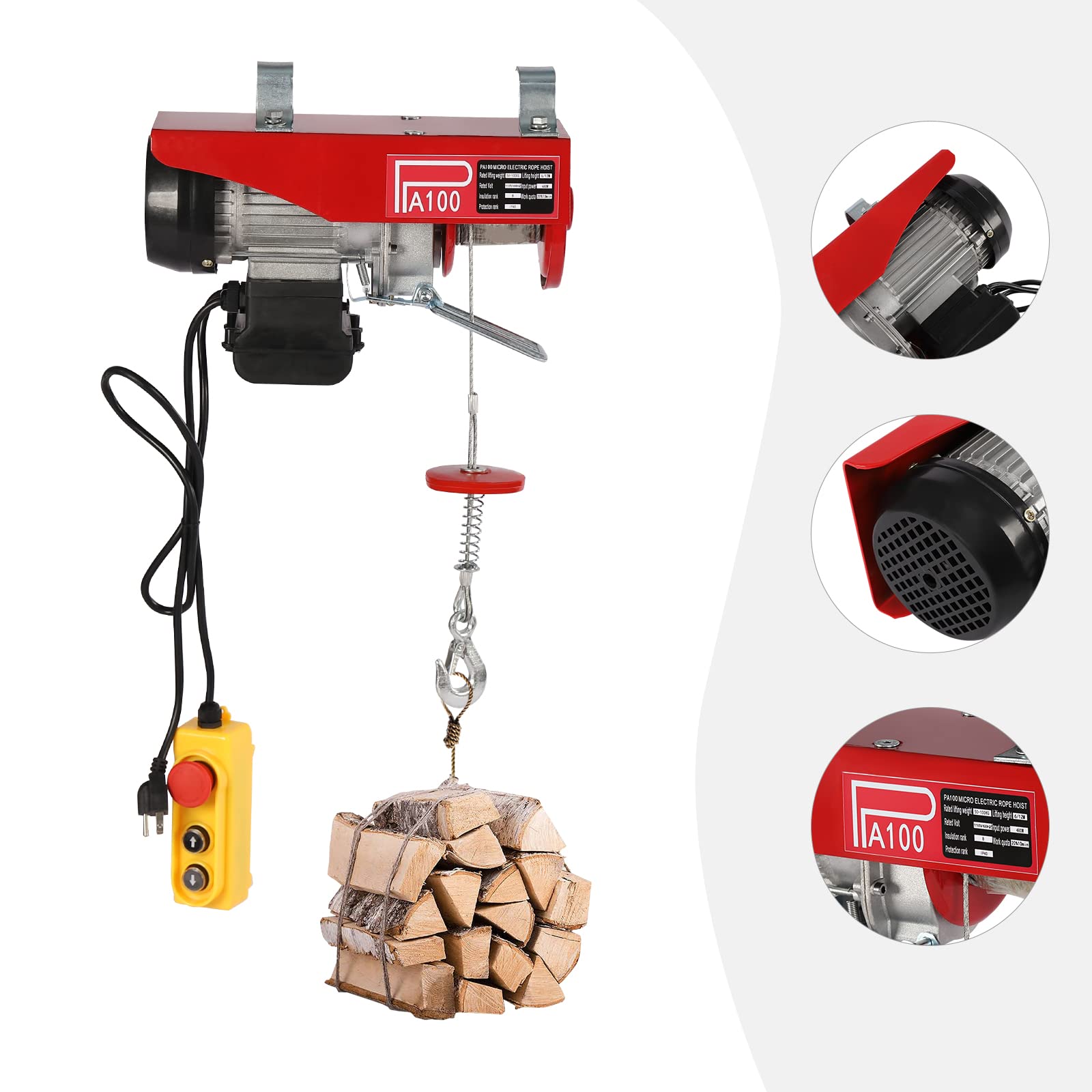 110V 220lbs Electric Hoist Winch with Remote Control & Double Slings - Heavy Duty Lifting Equipment for Factory, Warehouse, Construction & Mining Operations | Perfect for Overhead Lifting, Material Handling & Industrial Applications