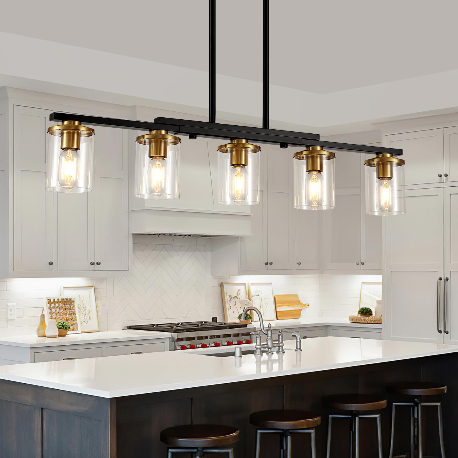 5-Light Modern Farmhouse Chandelier - Black & Gold Rustic Kitchen Island Lighting with Clear Glass Shades - Perfect for Dining Room, Breakfast Nook, and Kitchen Table Pendant Lighting