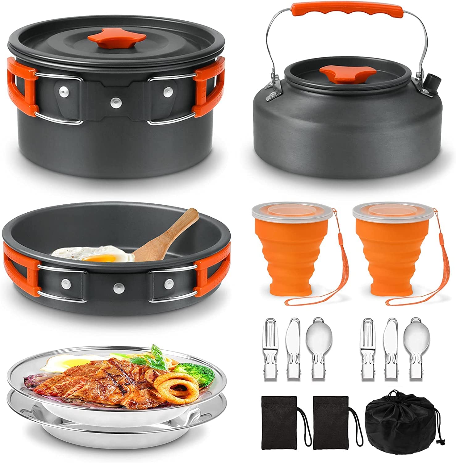 **Non-Stick Lightweight Camping Cookware Set - Stainless Steel Mess Kit with Pot, Pan, Kettle, Cups, Plates & Utensils for Backpacking, Hiking, Picnic & Outdoor Cooking | Perfect for Camping Trips & RV Adventures**
