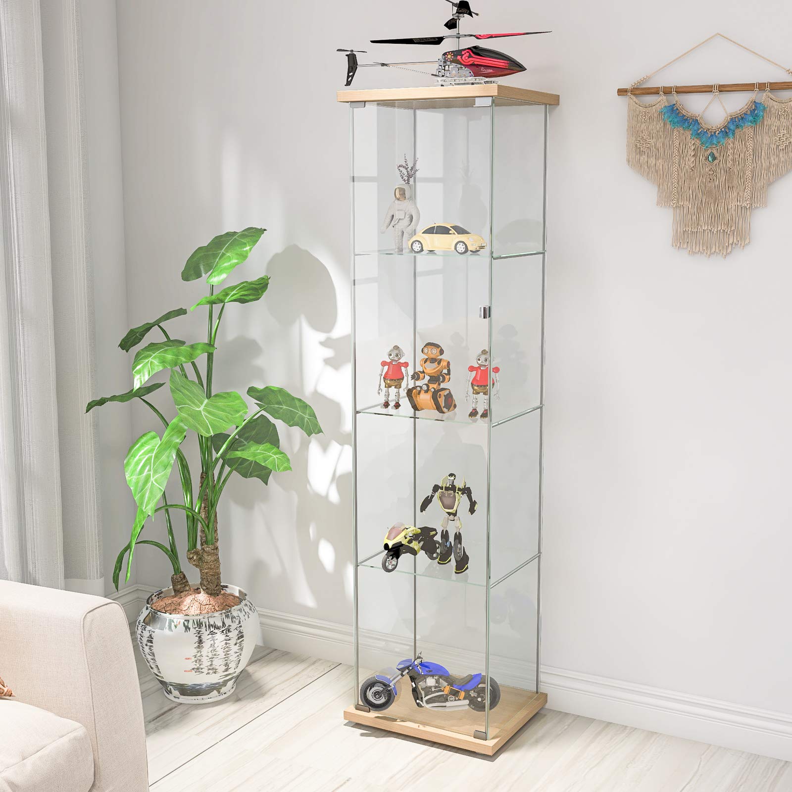 Goujxcy 4-Shelf Glass-Door Curio Cabinet - Floor Standing Display Shelf for Living Room, Bedroom & Office - Elegant Brown Glass Display Cabinet for Showcasing Collectibles, Books & Decor Items