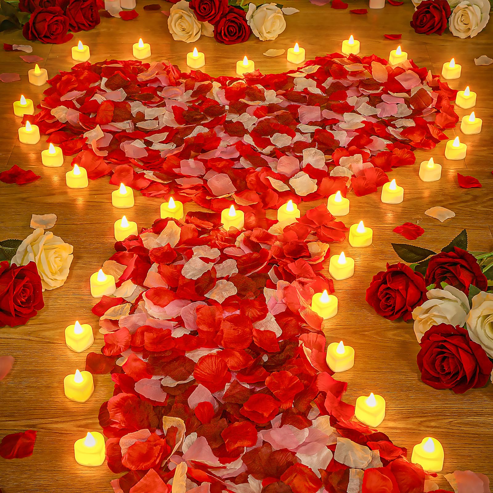 4000 Pcs Artificial Rose Petals with 24 LED Tea Lights - Flameless Wedding Candles & Fake Rose Petals for Valentine's Day, Anniversary, Romantic Dinner & Bedroom Decor (Yellow Light, Bright Color)