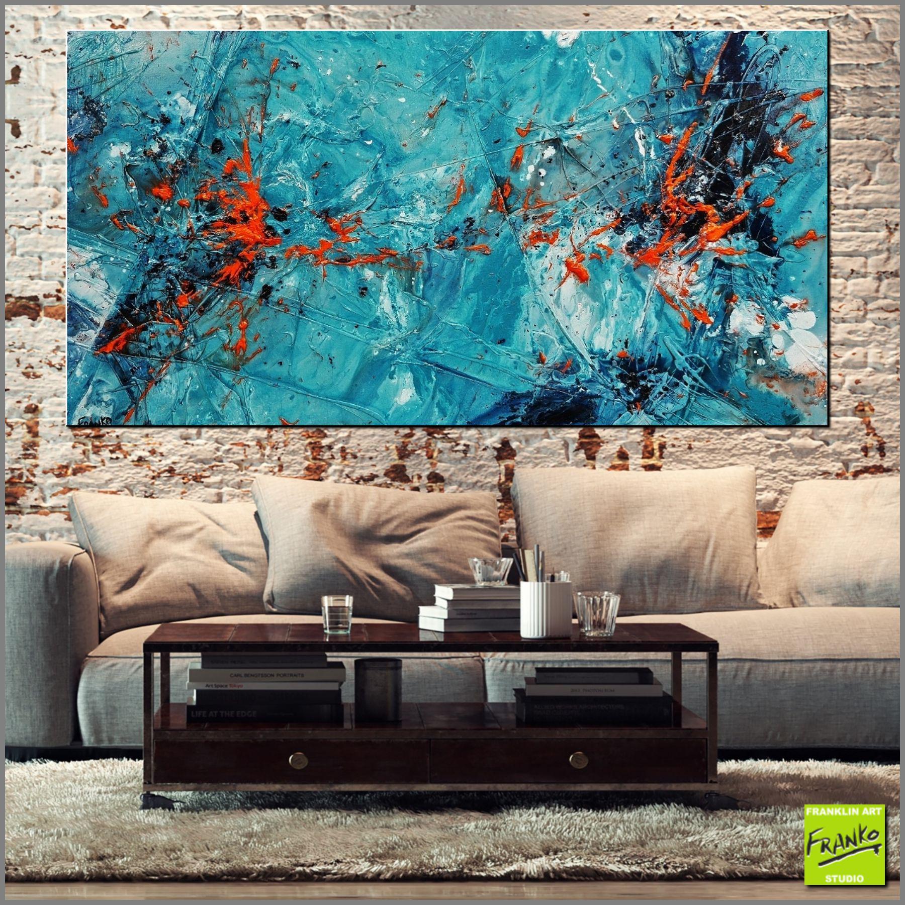 Blue Orange Textured Abstract Painting 190cm x 100cm - Modern Large Wall Art for Living Room, Bedroom Decor - Handmade Candy Oranges Canvas Artwork