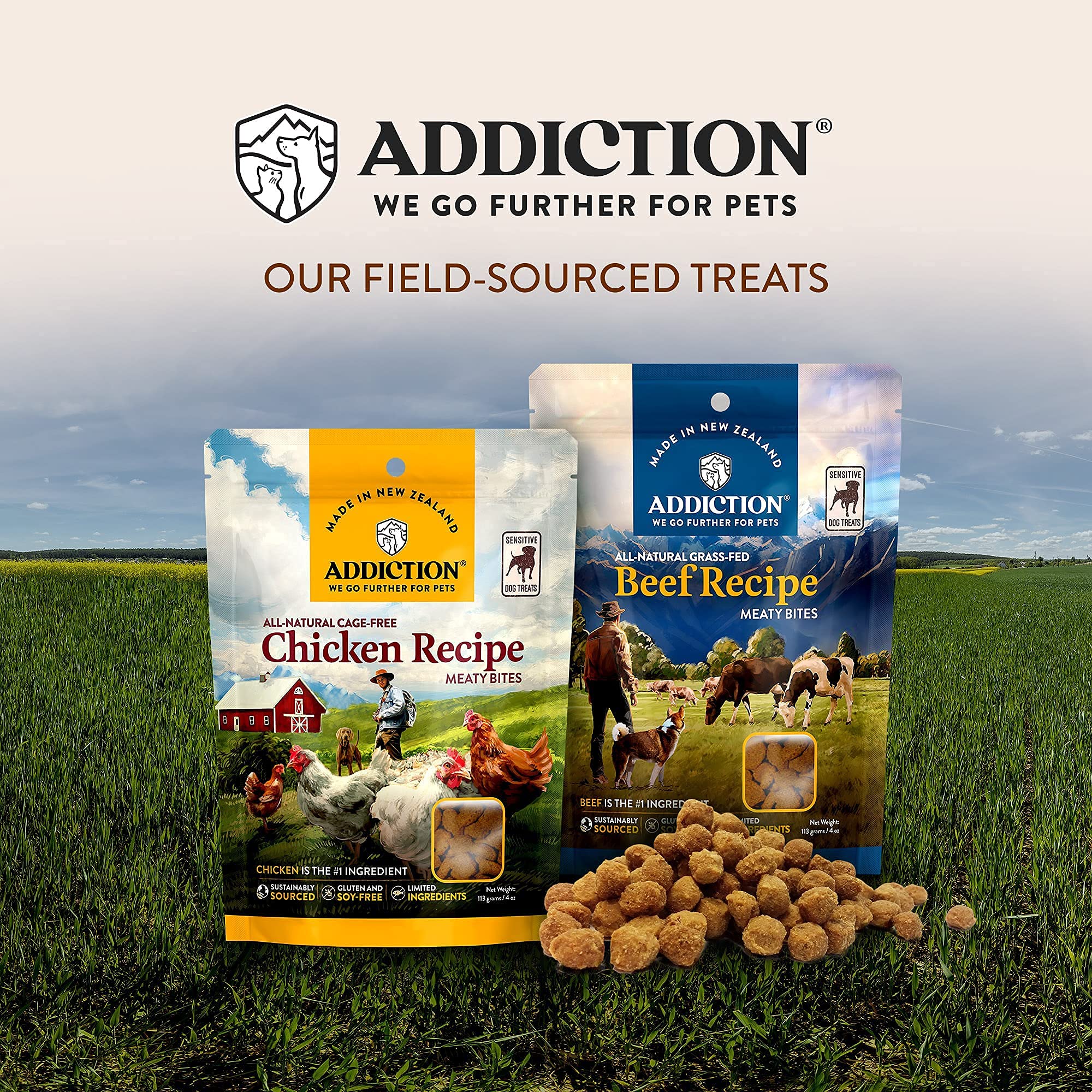 Addiction Meaty Bites Hypoallergenic Dog Treats - High Protein Grain-Free Soft Dog Snacks - Made in New Zealand with Real Beef - 4oz (6 Pack) for Training, Rewards & Sensitive Stomachs