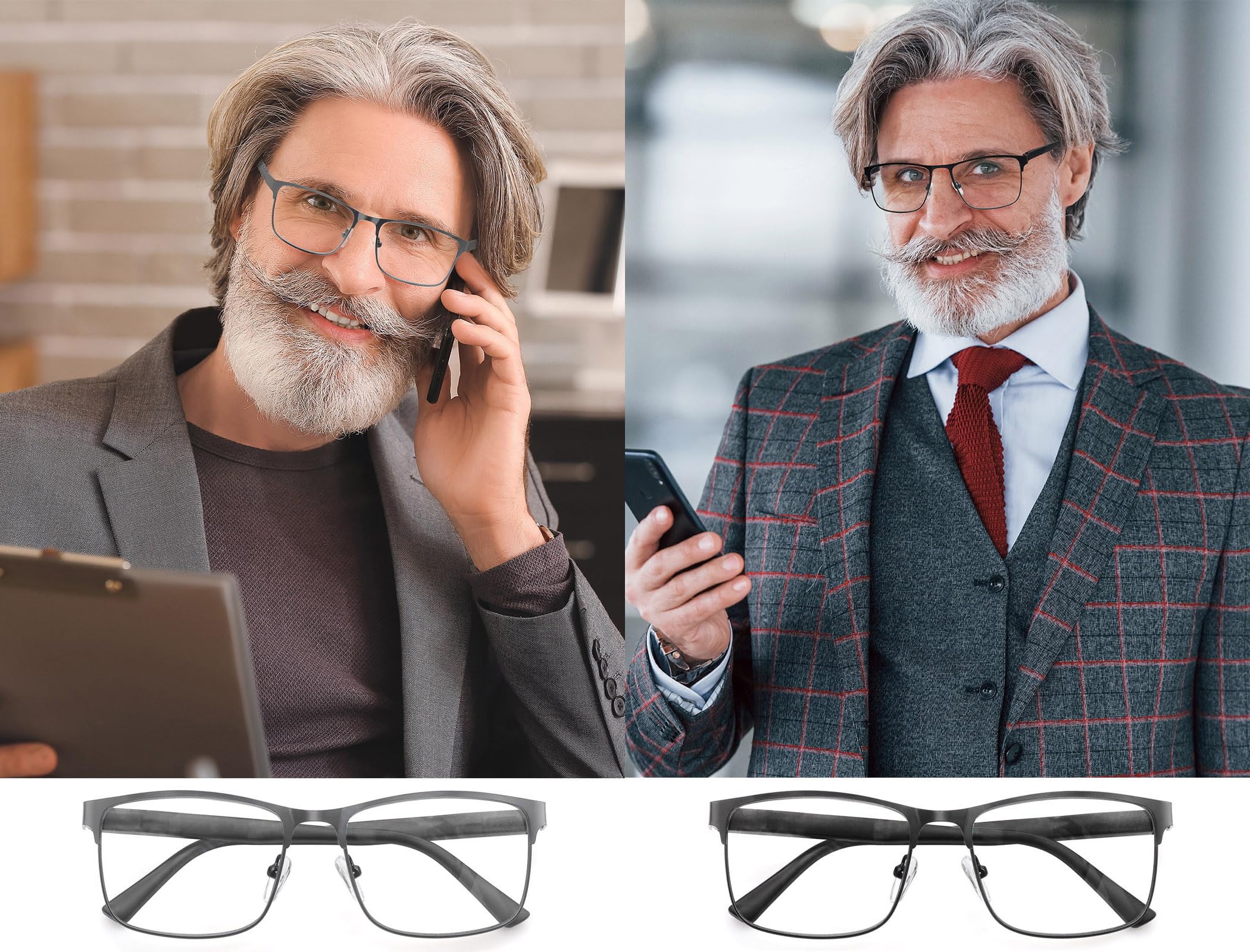 Blue Light Blocking Reading Glasses for Men - 3 Pack Square Metal Frame Readers with Spring Hinge | Anti Blue Ray Computer Glasses for Office Work, Gaming & Night Reading