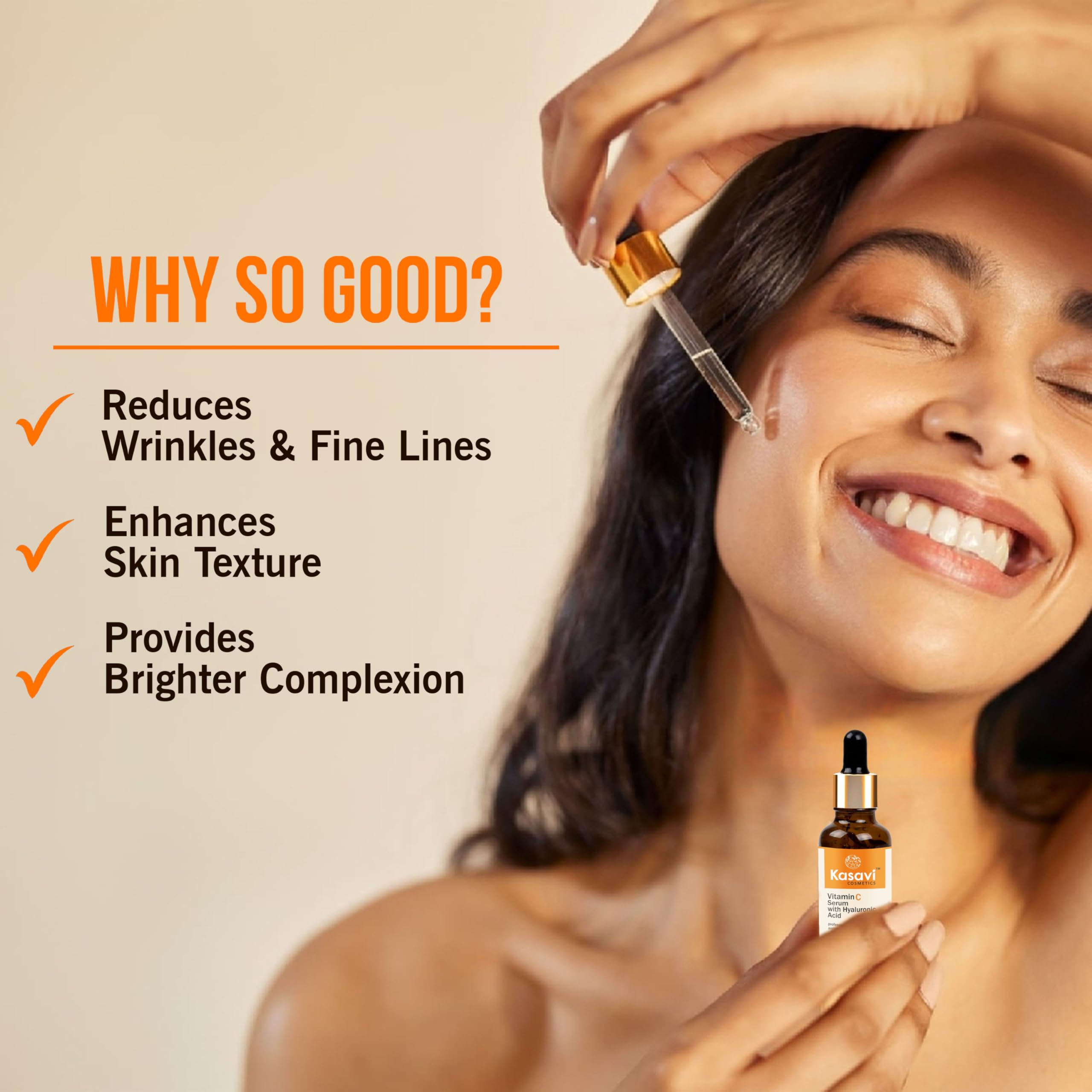 Kasavi Vitamin C Face Serum with Hyaluronic Acid - 30ml Brightening & Hydrating Facial Treatment for Glowing Skin | Day & Night Use for All Skin Types | KSVCS-001