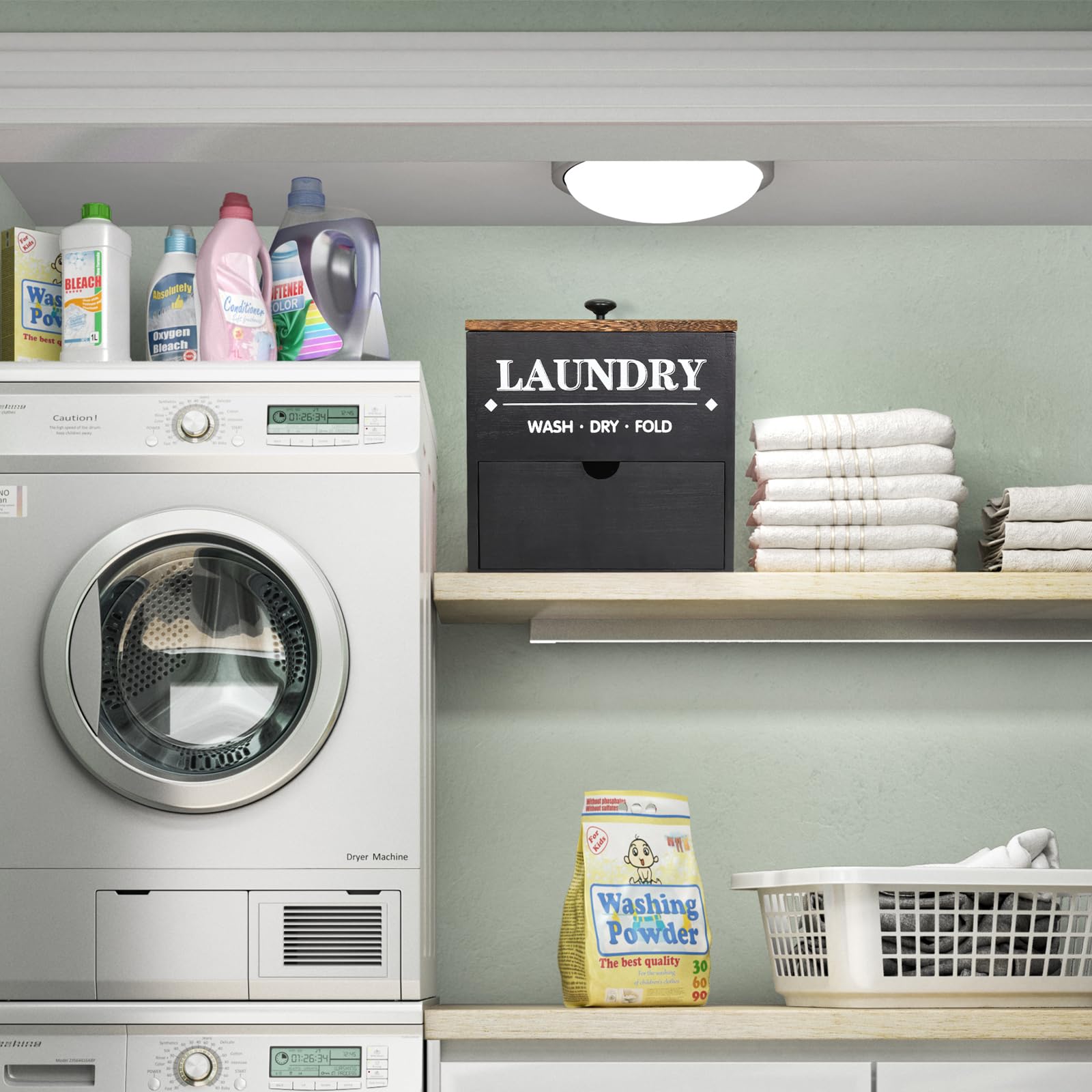 Wooden Dryer Sheet Holder with Drawer & Lid - Laundry Room Organizer for Dryer Sheets & Pods Storage - Wall Mounted Dispenser for Laundry Decor (Black) - Perfect for Small Spaces & Closet Organization