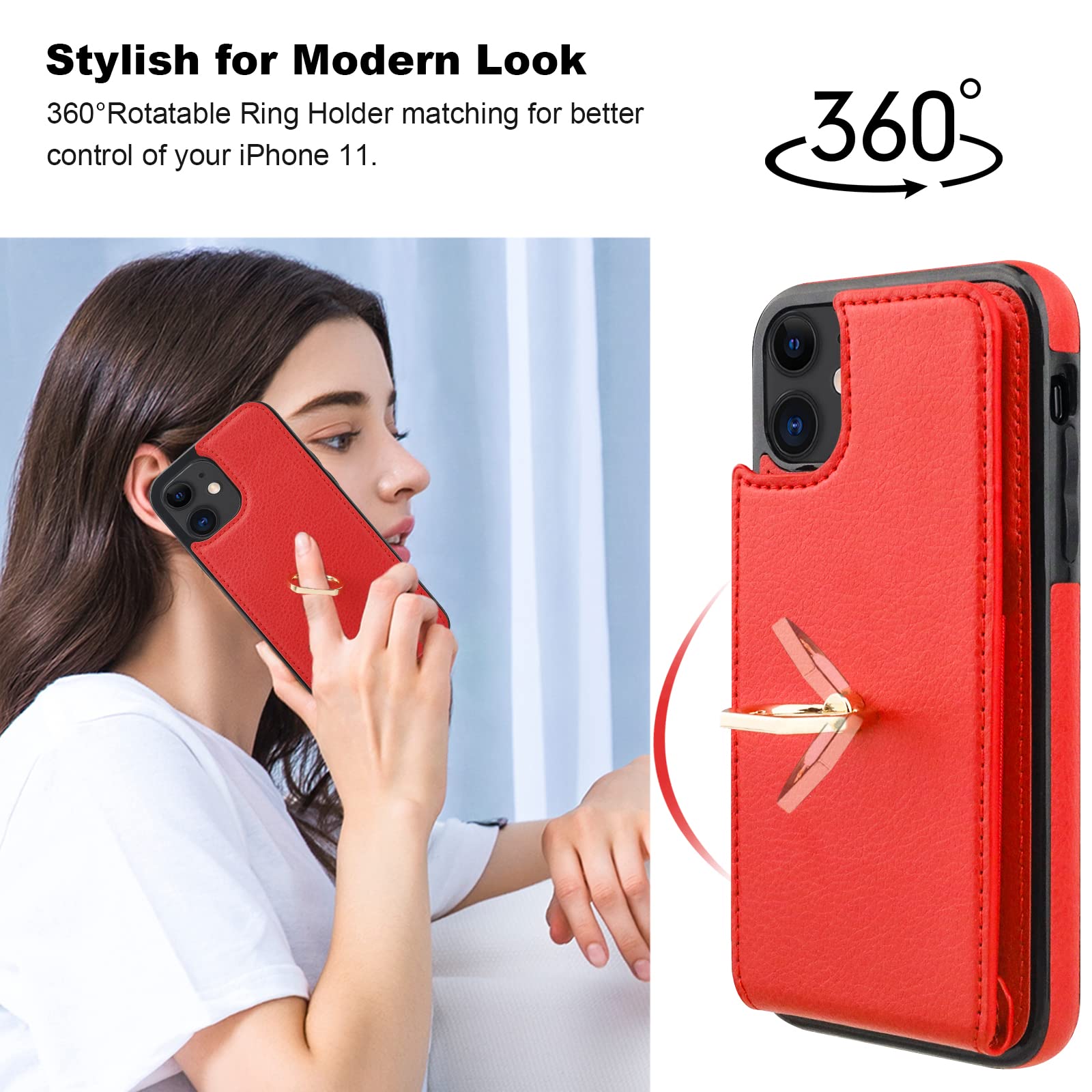 Folosu iPhone 11 Case Wallet with Card Holder - 360° Rotating Finger Ring Stand, Kickstand & RFID Blocking PU Leather Cover | Shockproof Flip Case with Double Buttons for 6.1