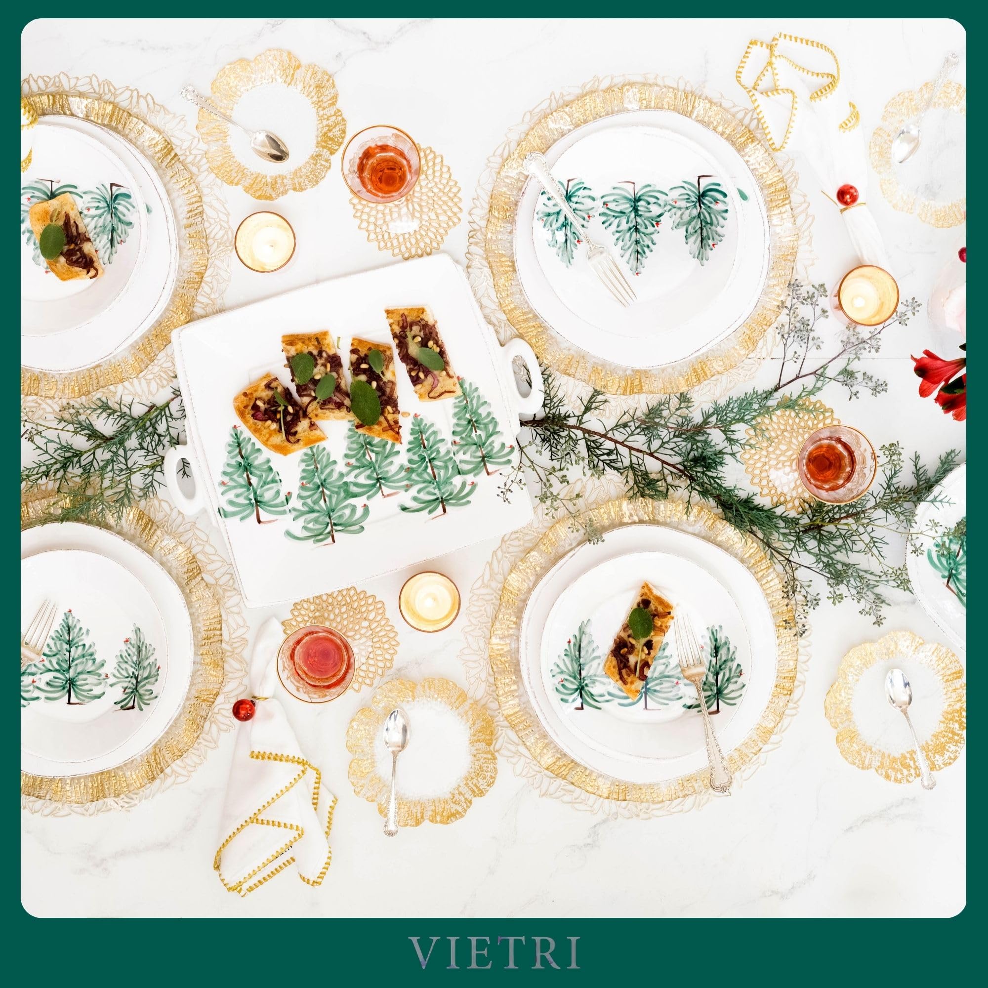 Vietri Lastra Holiday White and Green Handled Square Platter 16.25