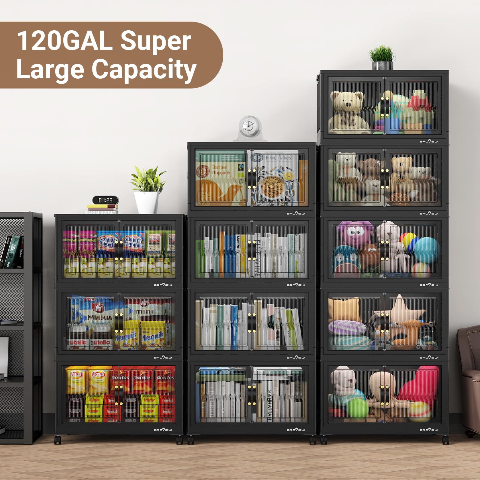 120 Gallon (480 Quart) Heavy-Duty Plastic Storage Bins with Lids - Stackable, Collapsible Organizer with Wheels for Closet, Home, Office & Dorm - Perfect for Clothes, Toys, Seasonal Items & Household Organization (Black)