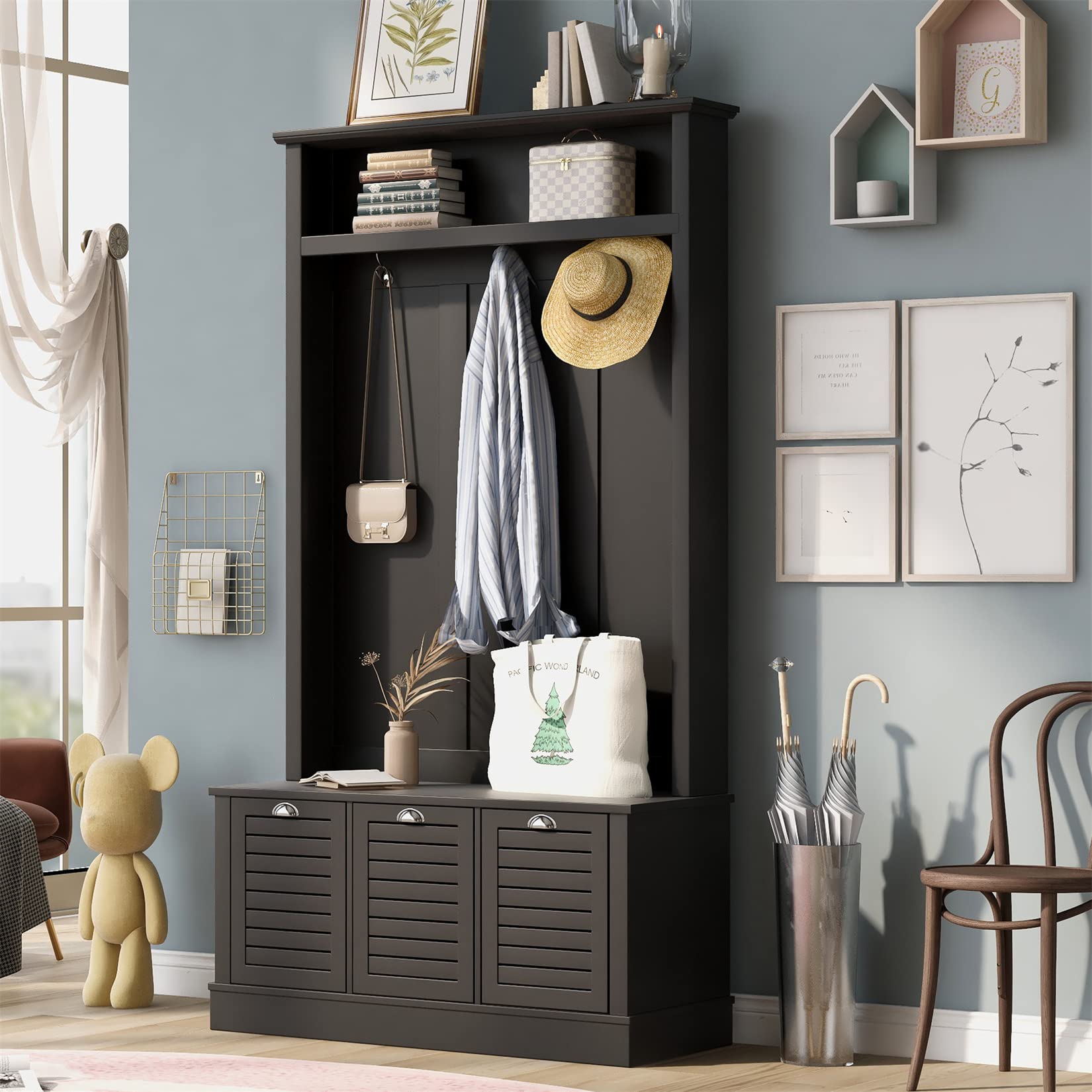 3-in-1 Wooden Hall Tree Storage Bench with 3 Hooks & 3 Large Drawers - Entryway Coat Rack & Shoe Storage Organizer for Living Room, Hallway, Mudroom - Perfect for Small Spaces & Home Organization (Black)