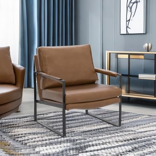 Art Leon Mid Century Modern Accent Chairs Set of 2 - Faux Leather Armchairs with Black Metal Legs for Living Room & Bedroom - Brown - Perfect for Lounge Areas, Reading Nooks & Home Offices