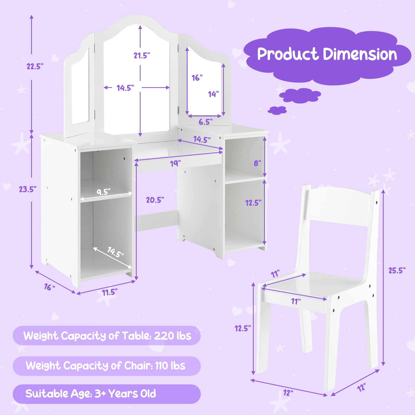 Costzon Kids Vanity Set with Mirror & Storage - White Princess Makeup Desk for Girls Playroom