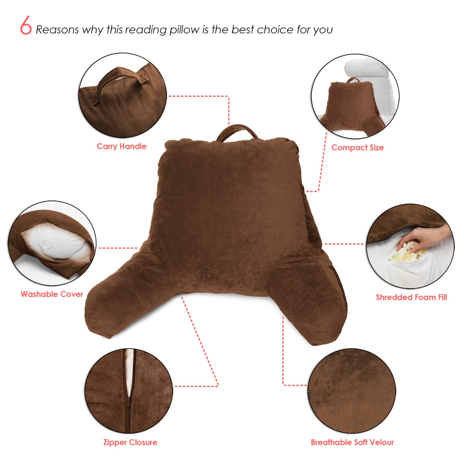 Clara Clark Kids Reading Pillow with Memory Foam Support - Small Backrest for Sitting in Bed, Gaming & Reading - Chocolate Brown Pillow with Arms & Pockets - Perfect for Bedtime Stories, Gaming & Relaxation
