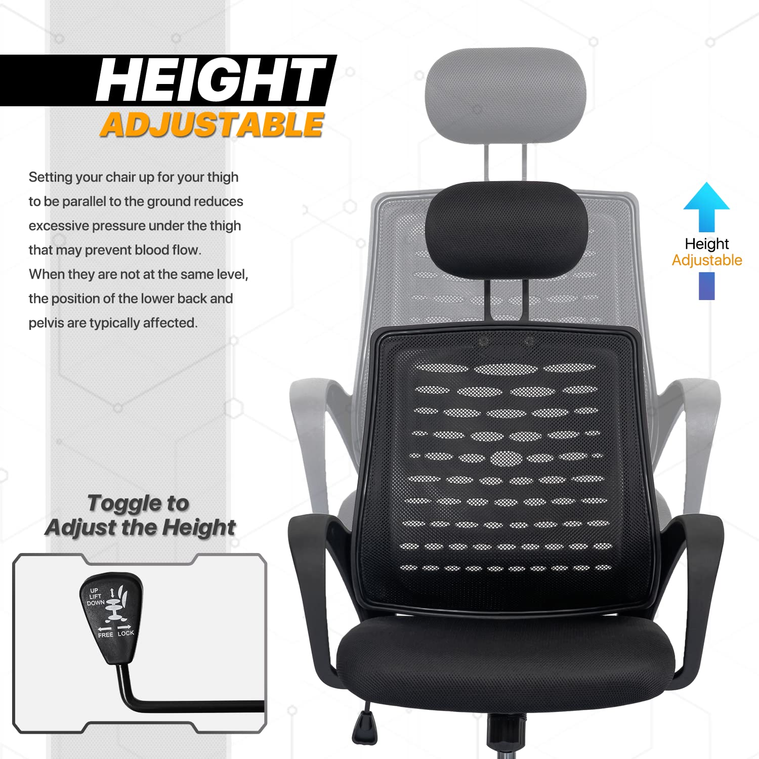 Premium Black Mesh Office Chair with Adjustable Headrest & Armrests - Ergonomic Computer Task Chair with Rectangular Desk Mat for Carpet - Perfect for Home Office, Gaming & Workspaces