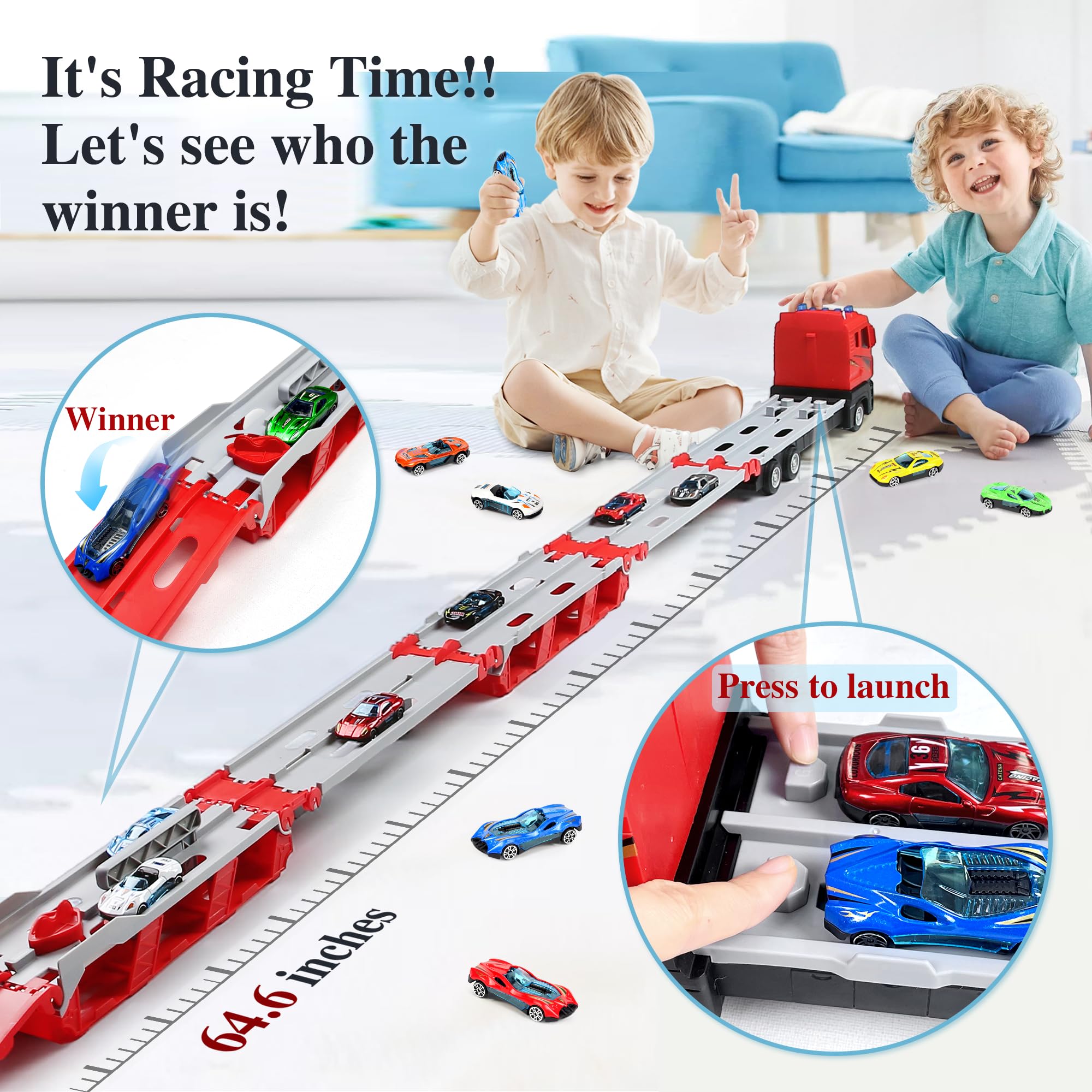 64-Inch Catapulting Racing Track Toy Trucks Set with 6 Metal Cars & Storage - Foldable Truck Toys for Boys & Girls Ages 2-8 - Perfect Gift for Toddlers & Kids (Indoor Play, Birthday Presents, STEM Learning)