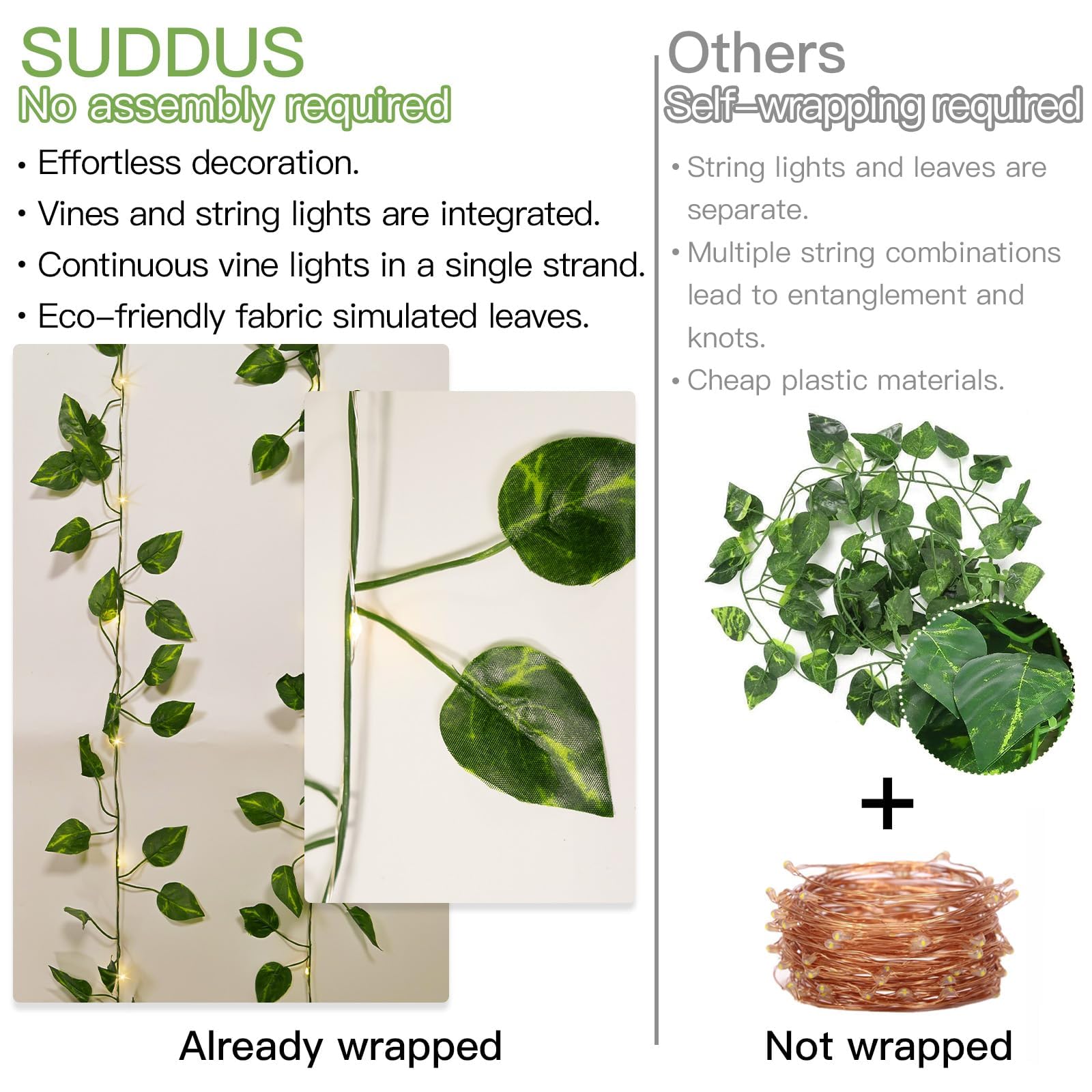 Suddus 33ft 100 LED Vine Fairy Lights with Remote - Battery Operated Pothos String Lights for Bedroom, Wall, Garden, Party & Wedding Decor (Warm White) | Romantic Ambiance, Outdoor Lighting, Home Decoration