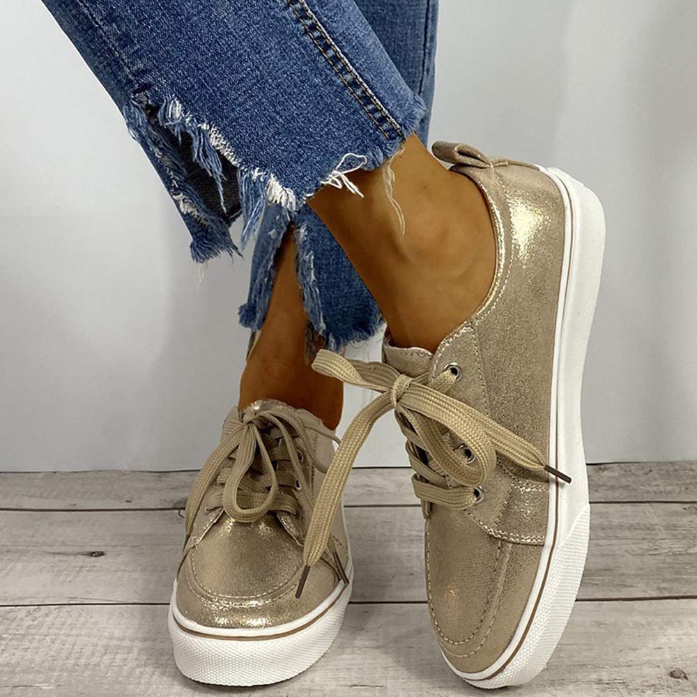 YSMIIH Women's Non-Slip Walking Shoes - Lace Up Platform Sneakers with PU Leather & Canvas - Fashion Casual Tennis Shoes for Walking, Running & Daily Wear