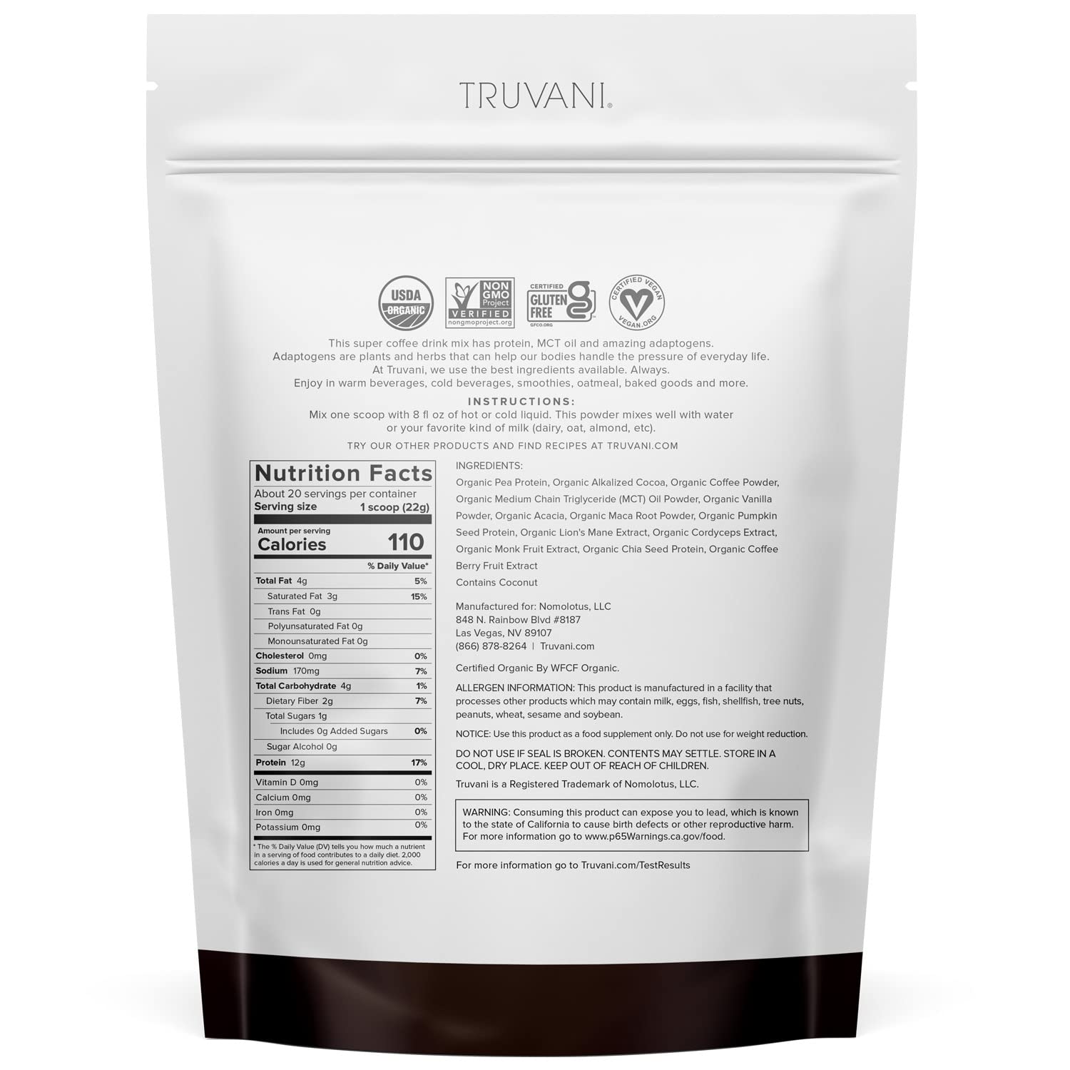 Truvani Protein + Energy Drink Mix with 87mg Caffeine - Chocolate Mocha Flavor | 12g Organic Plant-Based Protein | USDA Organic Coffee Powder & Adaptogens | Gluten-Free, Dairy-Free, Vegan | 20 Servings | Perfect for Workouts, Morning Boost & Active Lifestyles