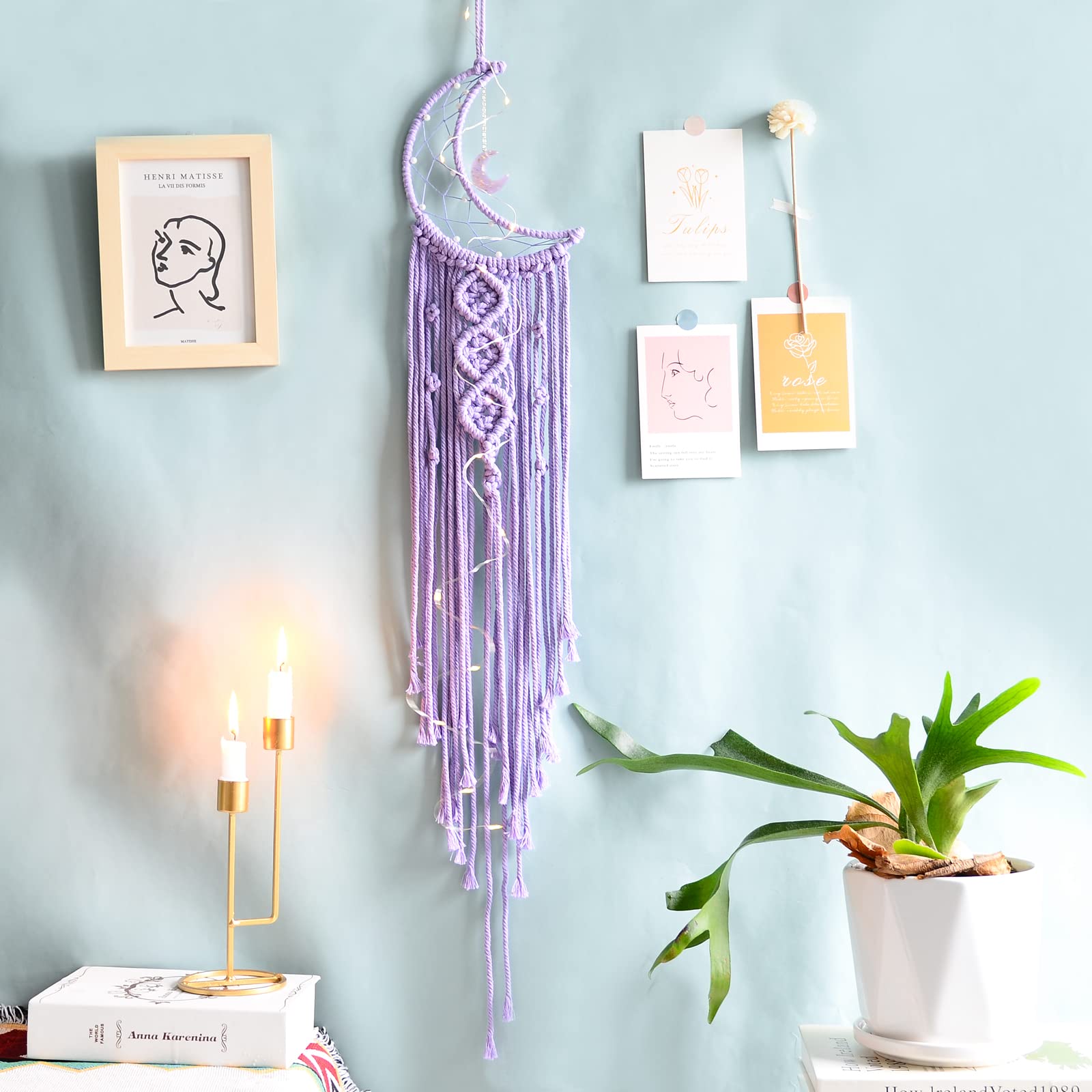 Kyoryuger Moon Dream Catcher with LED Lights - Handmade Boho Wall Hanging for Teen Girls Room Decor, Birthday Gifts for Women & Kids - Purple Dreamcatcher for Bedroom, Nursery & Meditation Space