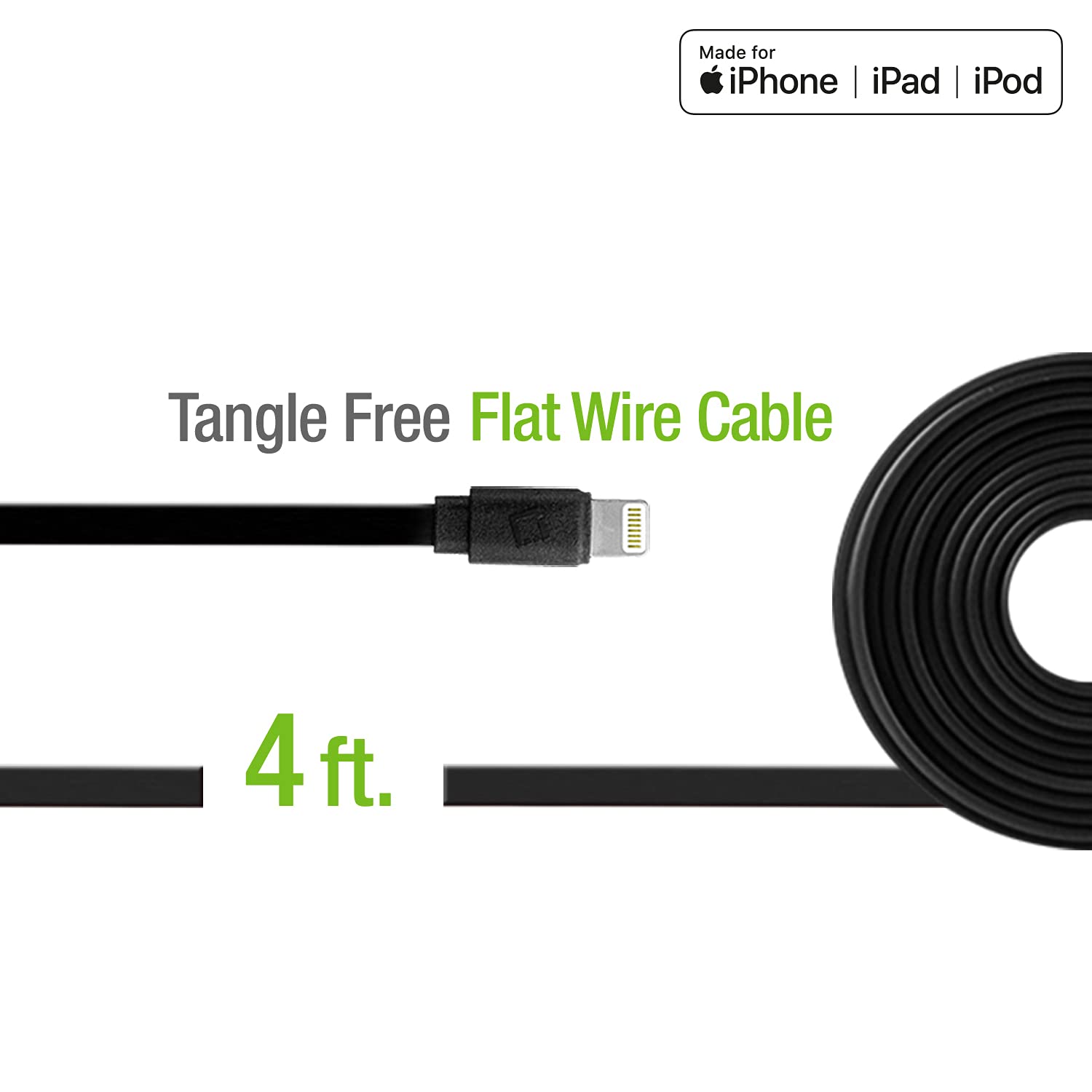 Certified Apple MFi Lightning Cable 4ft - Fast Charging USB Cable for iPhone 14/13/12/11/X/8/7, iPad, AirPods & MacBook - Durable Flat Design (Black) | Perfect for Home, Office & Travel Charging