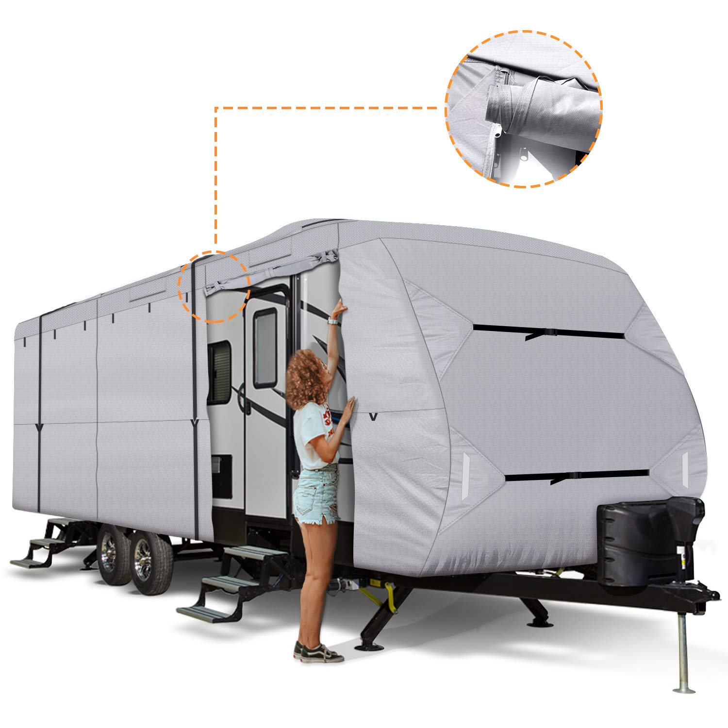 Upgraded 300D Ripstop Diamond Travel Trailer RV Cover 24'-27' - Waterproof Camper Cover with Adhesive Repair Patch | Heavy-Duty Protection for Outdoor Storage & Winter Use