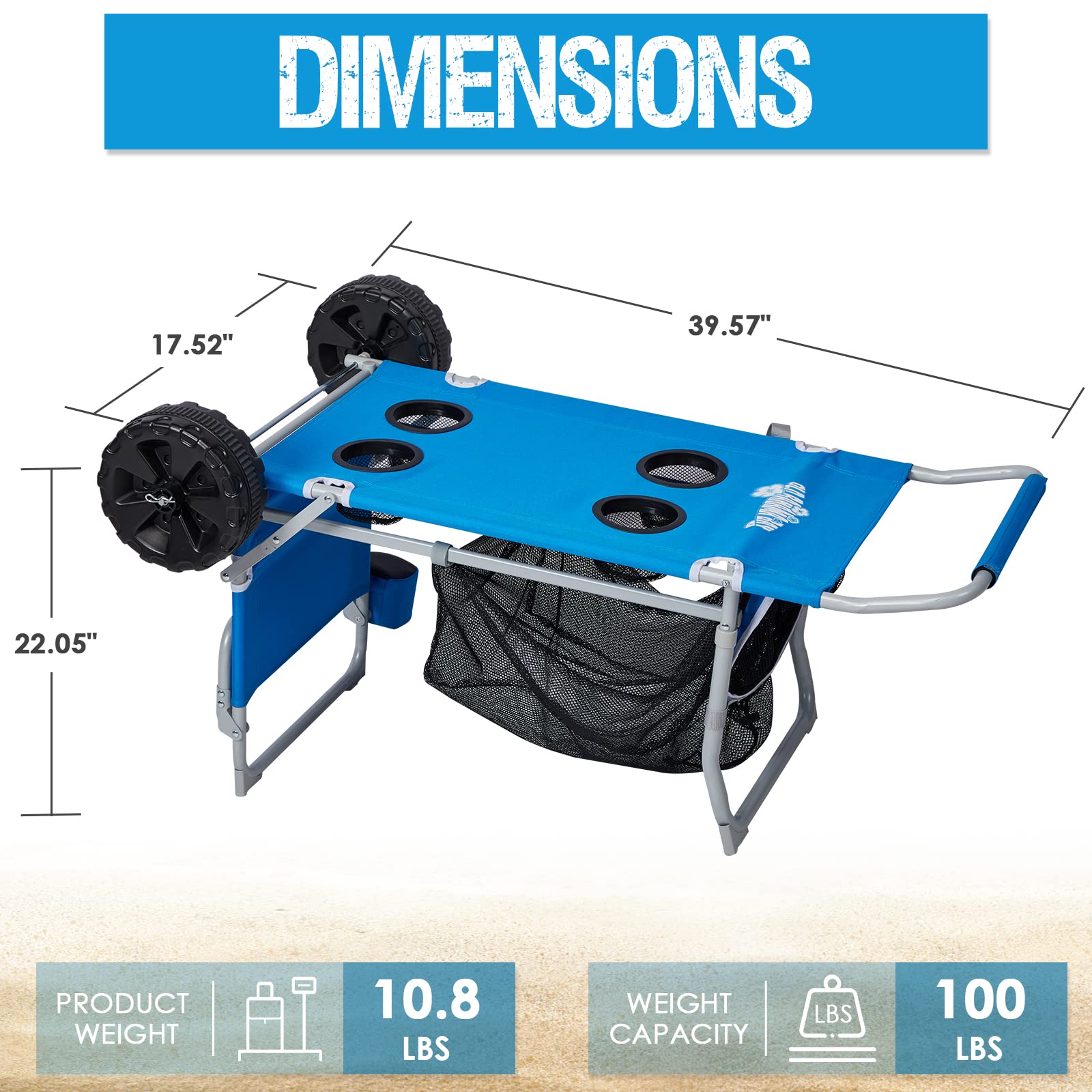 **Heavy Duty Collapsible Beach Cart with Large Sand Wheels - 100lb Capacity Folding Utility Wagon with 4 Cup Holders & Spacious Mesh Storage | Perfect for Beach Trips, Camping, Picnics & Grocery Shopping (Blue)**