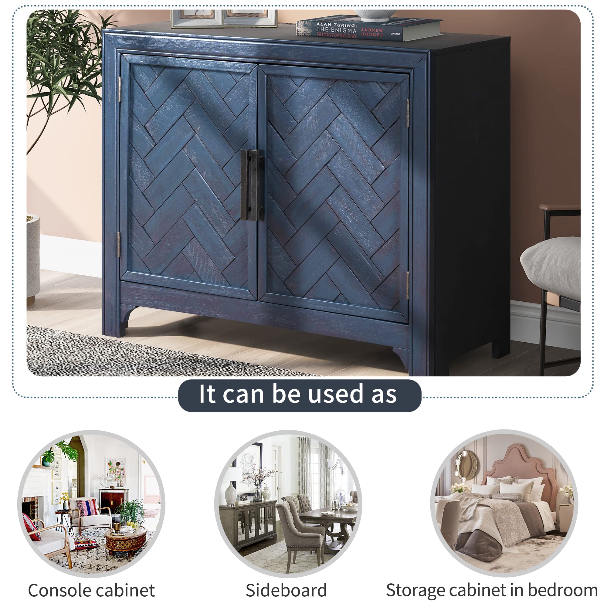 Harper & Bright Designs Antique Blue Storage Cabinet - Kitchen Buffet Sideboard with 2 Adjustable Shelves, Dining Room & Living Room Console Table | Perfect for Home Organization, Entertaining Guests, and Displaying Decor