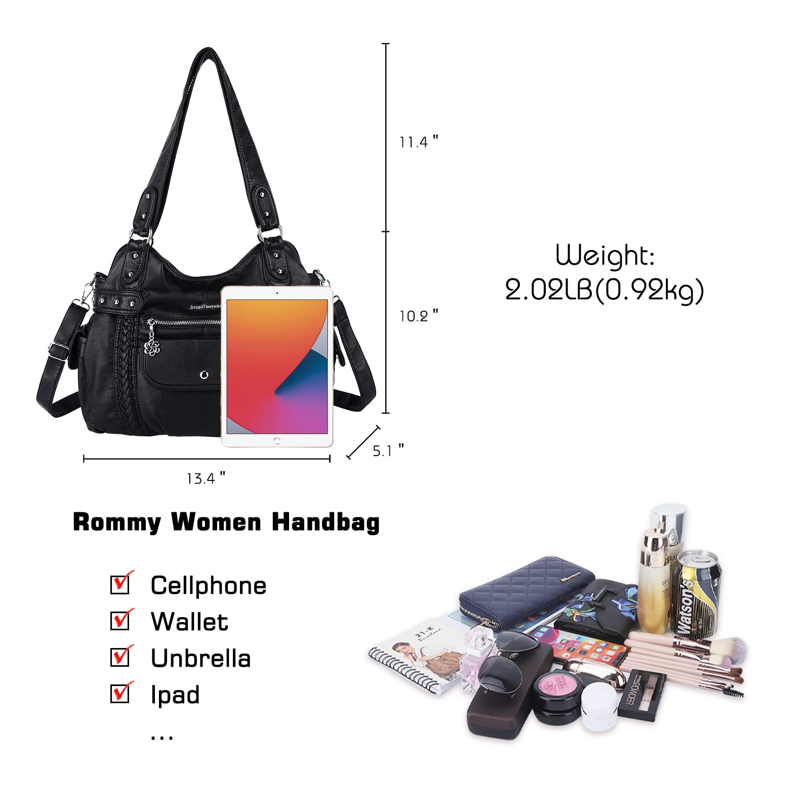 Angel Barcelo Women's Roomy Fashion Hobo Handbag - Washed Leather Satchel Shoulder Bag & Tote Purse for Work, Travel & Everyday Use