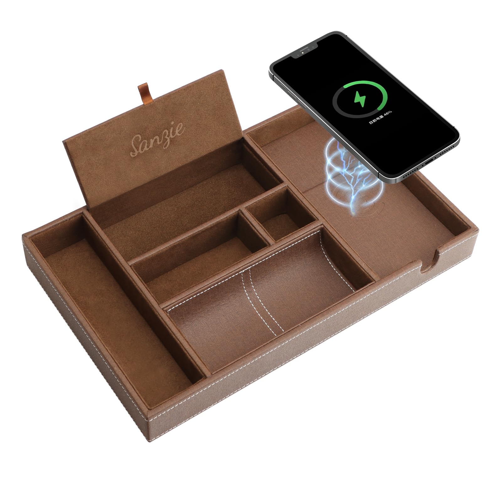 Premium SANZIE Leather Tray with Qi Wireless Charger - Large Nightstand Organizer for Phone, Wallet, Keys, Jewelry & Accessories (Brown) - Perfect for Bedroom, Office & Travel Organization