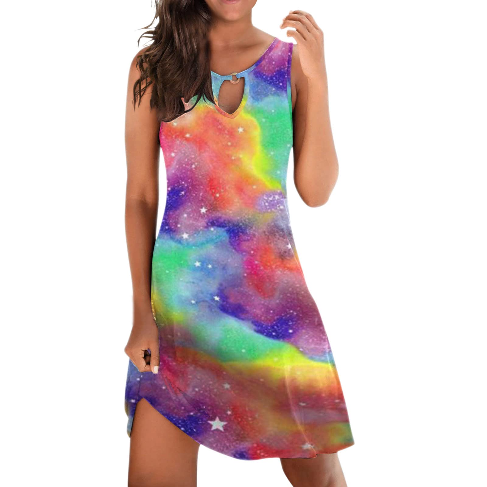 YHAIOGS Women's Summer Wrap Dress - Sleeveless Floral Print V-Neck Loose Casual Dress with Hollow Out Design | Comfortable Black Dress for Beach, Vacation & Everyday Wear
