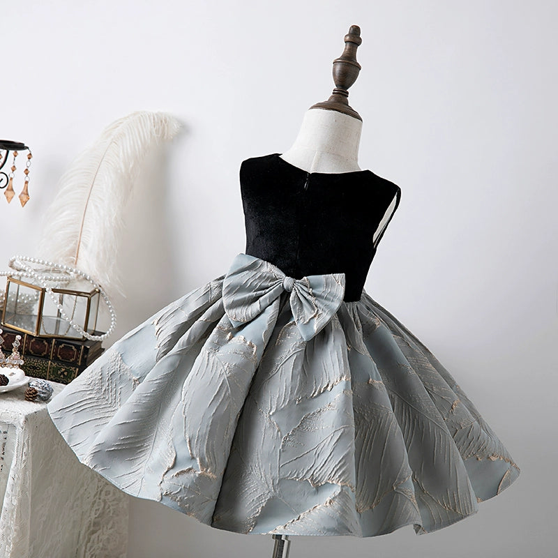Black Princess Round Tea Length Satin Flower Girl Dress for Weddings, Birthday Parties & Special Occasions